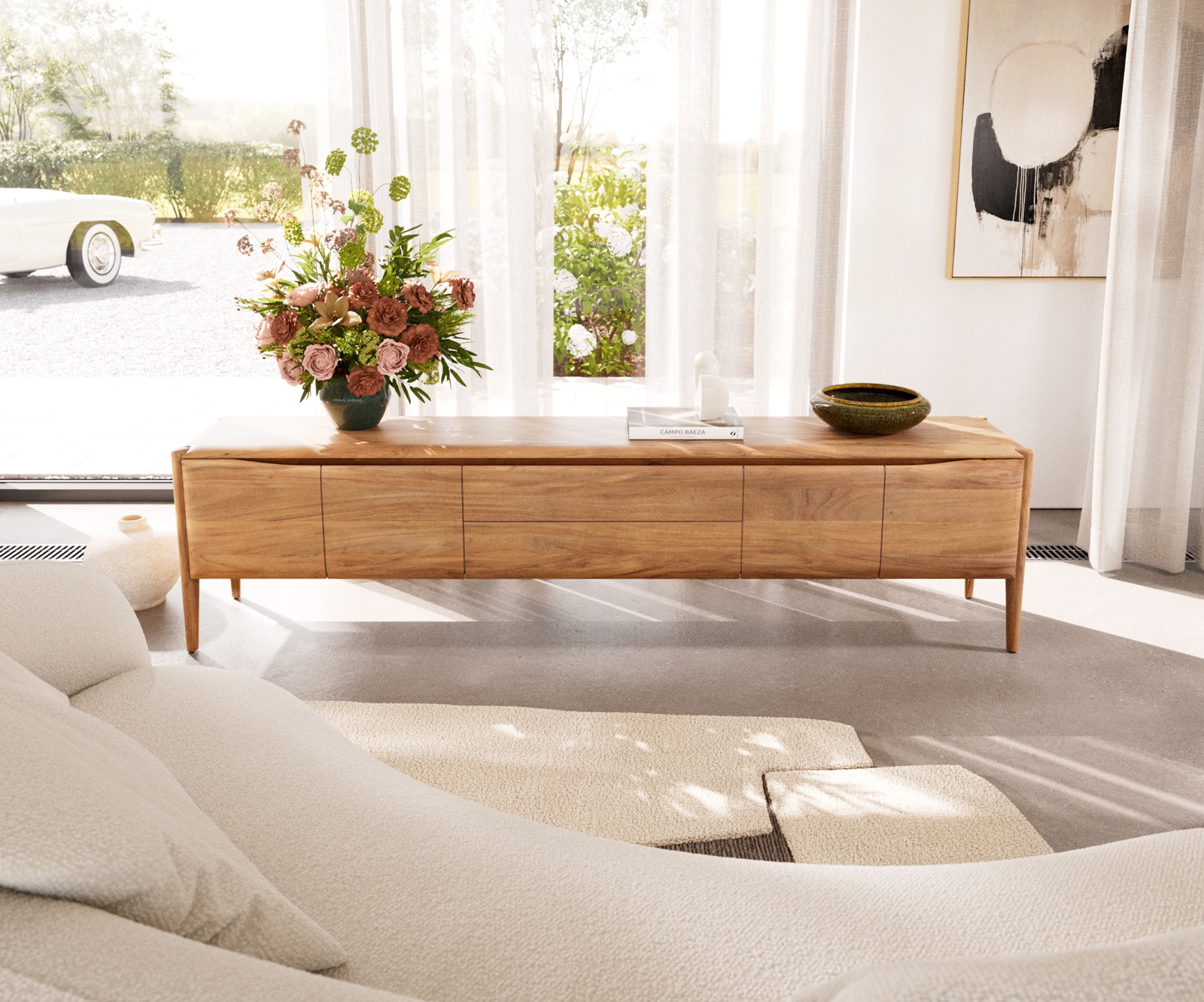 Meuble-TV Simcha 220 cm acacia naturel 4 portes 2 tiroirs 2