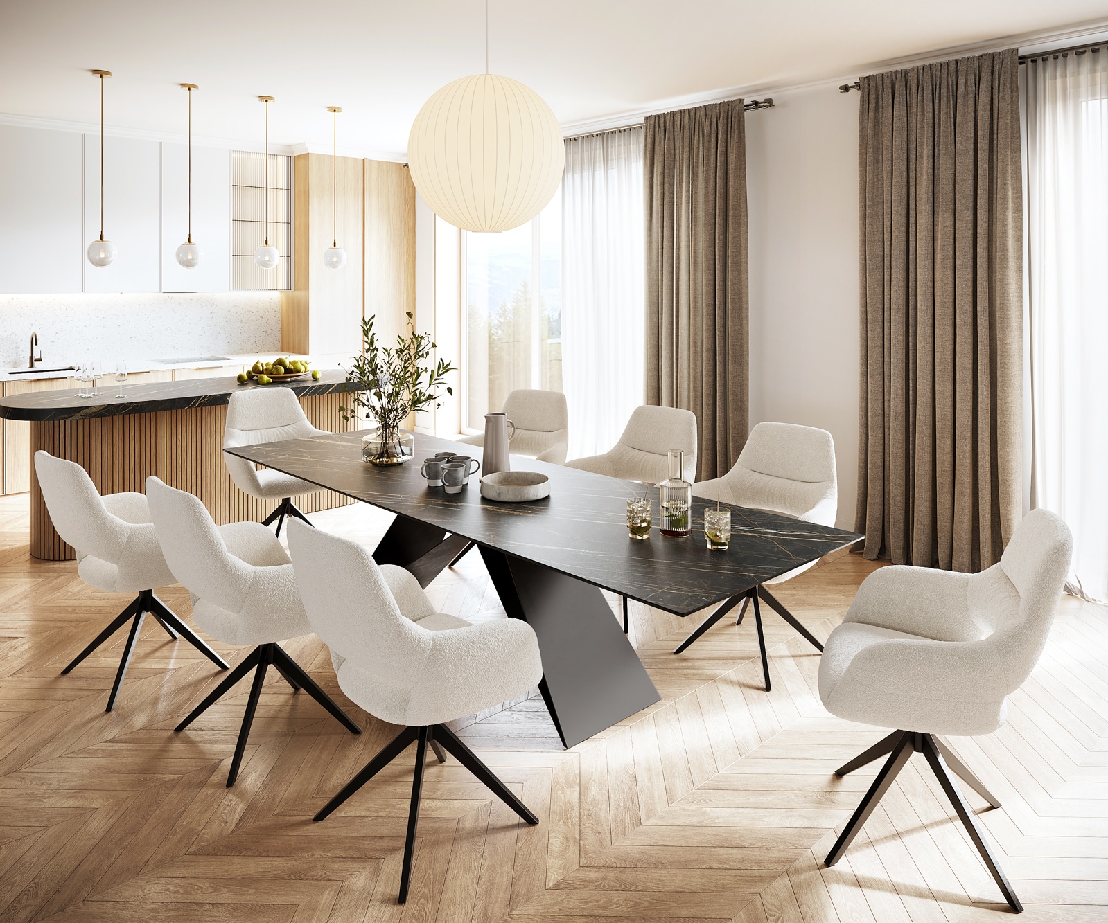 Table-à-manger Edge 300x100cm Laminam® céramique marron V-pieds milieu noir 6