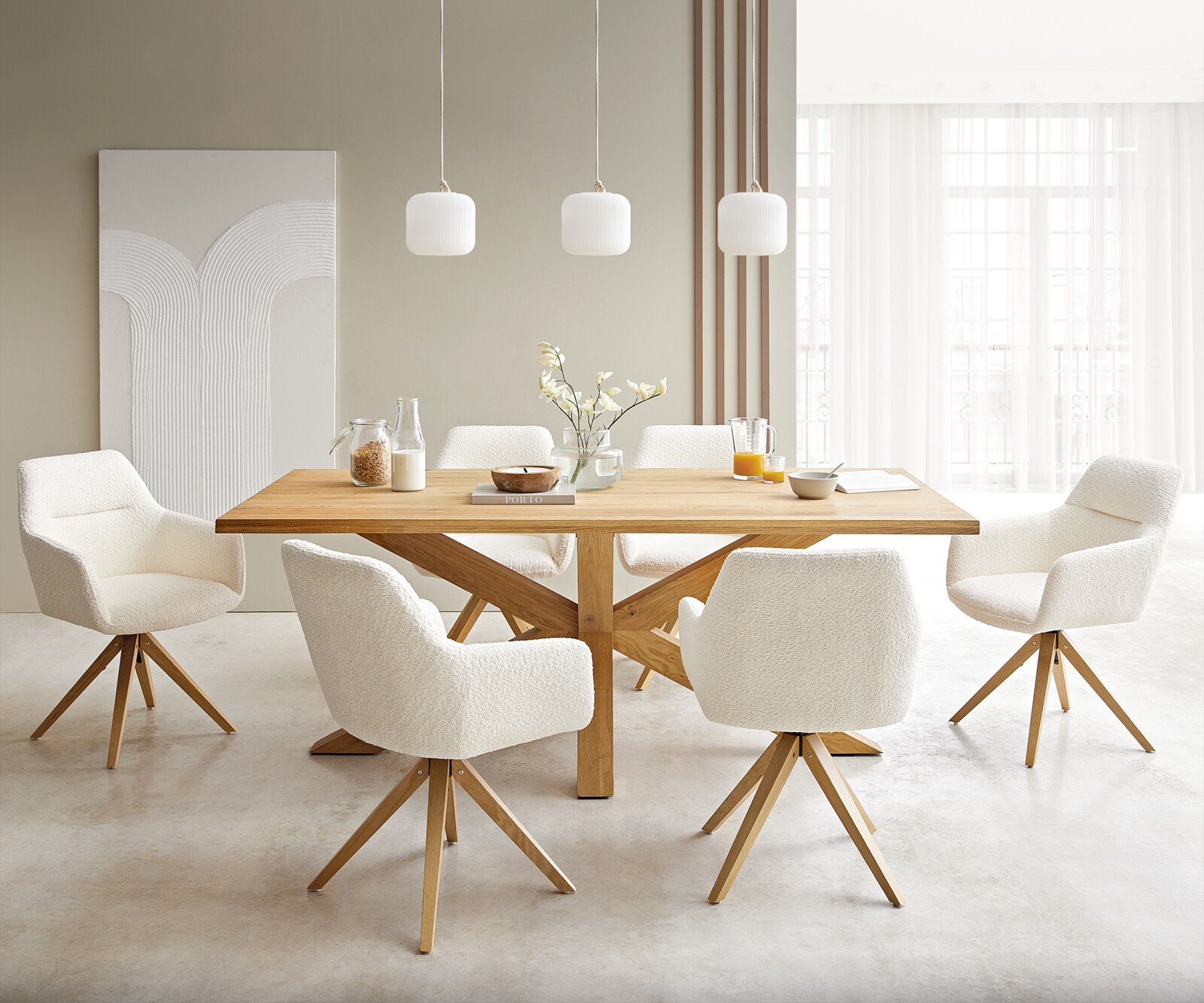 Chaise-de-salle-à-manger Pejo-Flex bouclé blanc pied en bois angulaire naturel ressorts ensachés 3