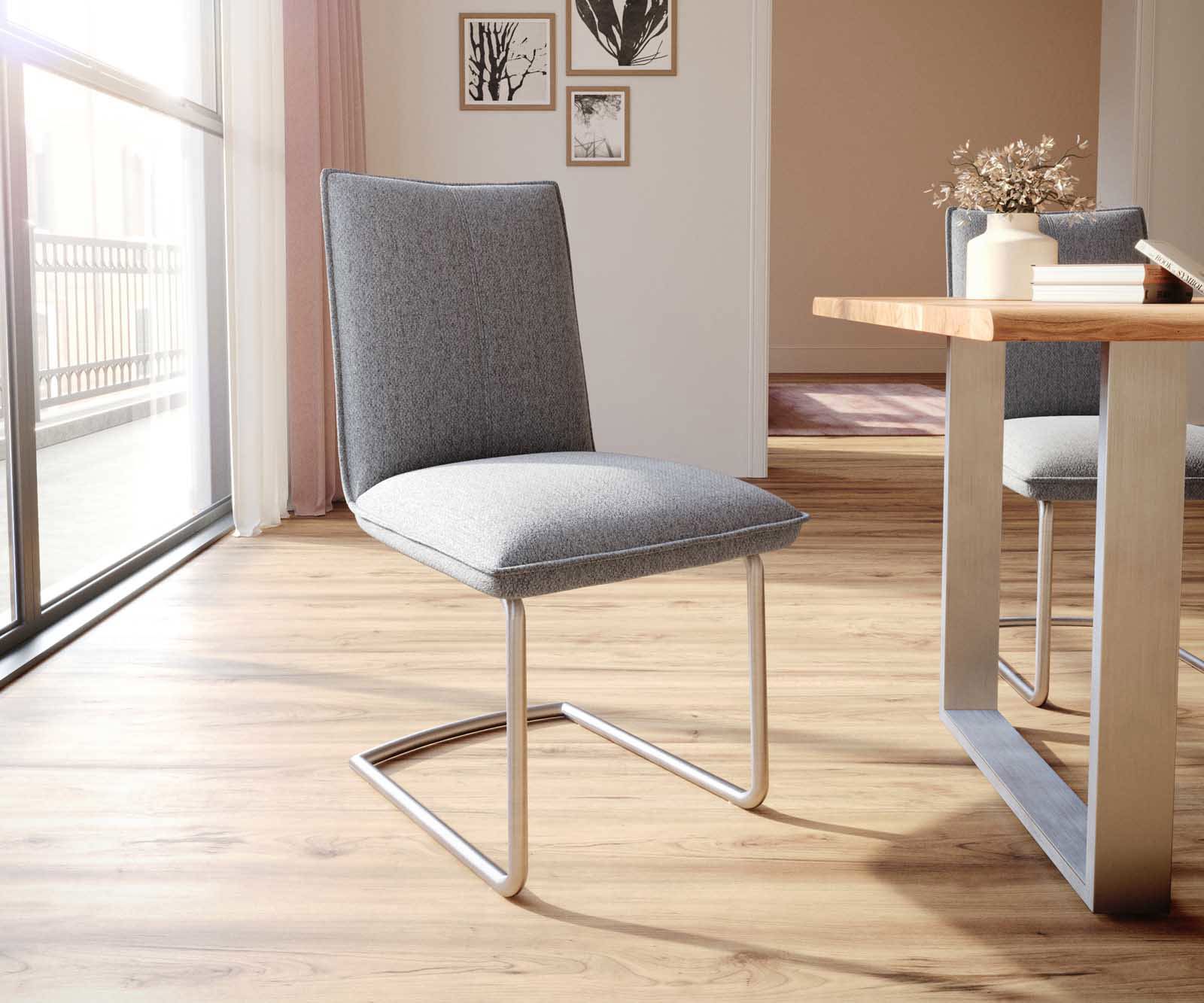 Cantilever Lelio-Flex tissu texturé gris clair pied cantilever rond acier inoxydable brossé ressorts ensachés