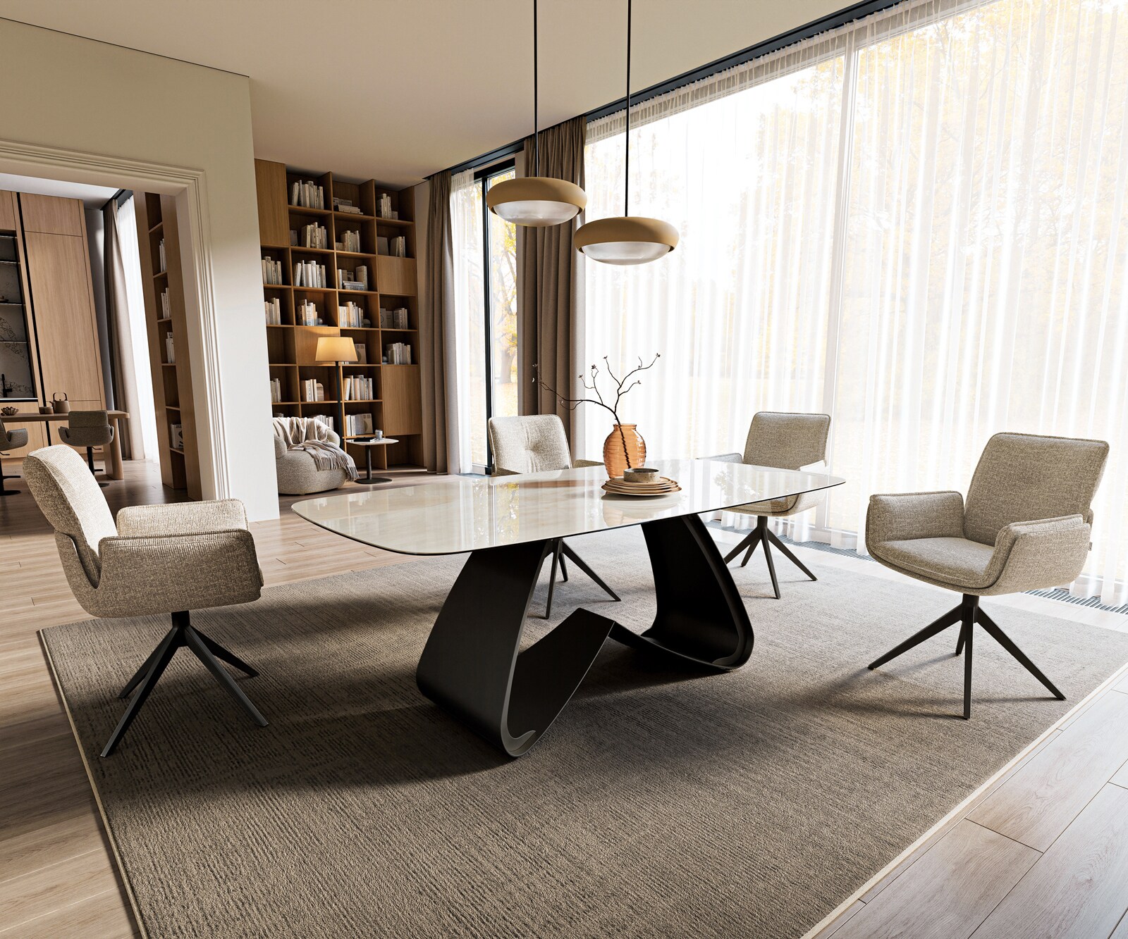 Table à manger Edge bateau 200x100 cm céramique Onyx Champagne piètement en W métal noir 7