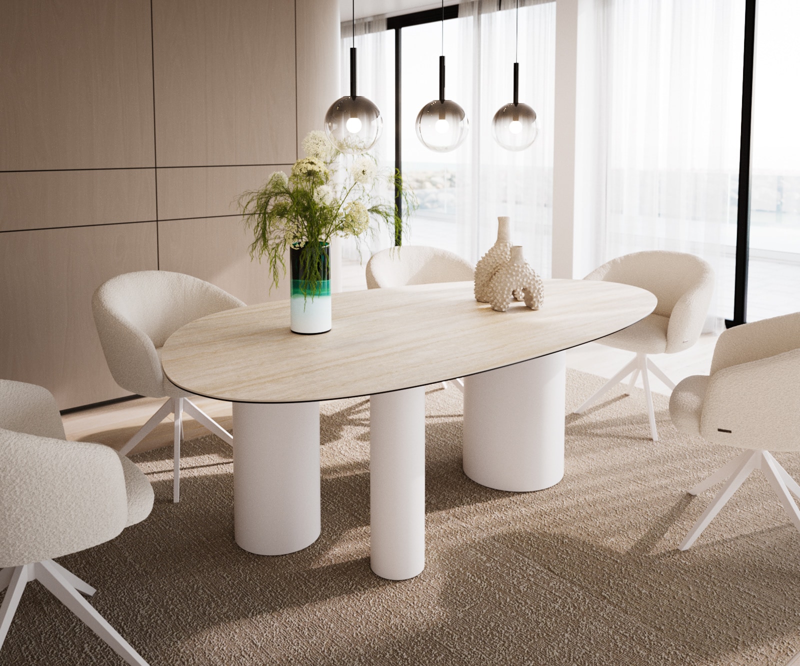Table à manger Edge ovalee 220x120 céramique Laminam® Travertino Bianco crème-blanc Troa métal blanc 1