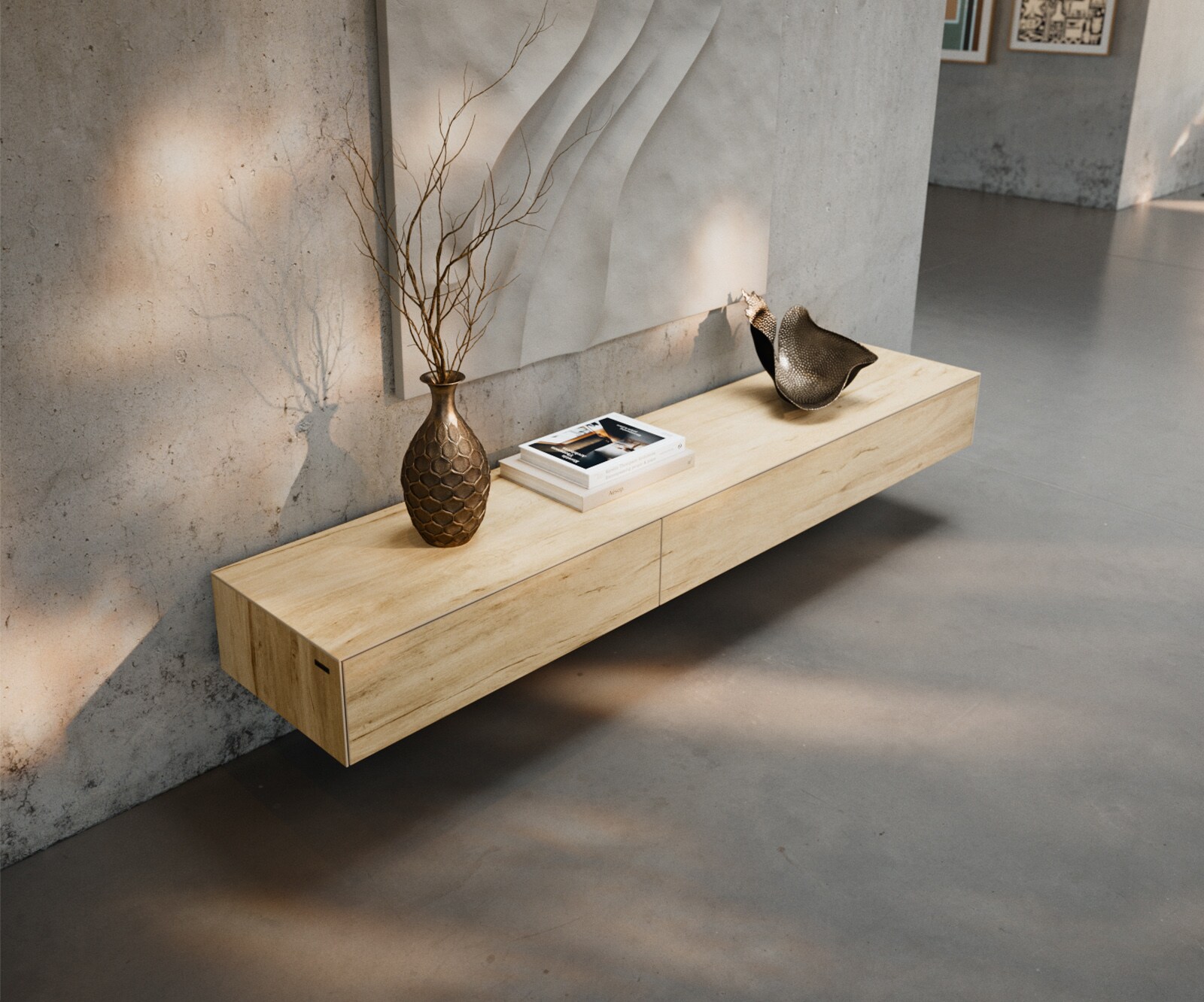 Meuble-TV Cuor 200 cm Céramique Laminam® Sabbia Teinte chêne 1 Clapet 1 Tiroir Flottant 3