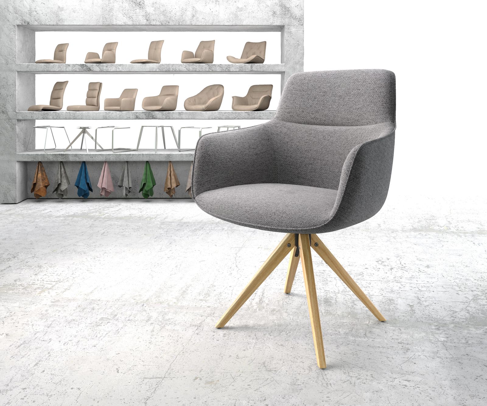Chaise-de-salle-à-manger Pejo-Flex tissu texturé gris clair pied en bois angulaire naturel ressorts ensachés