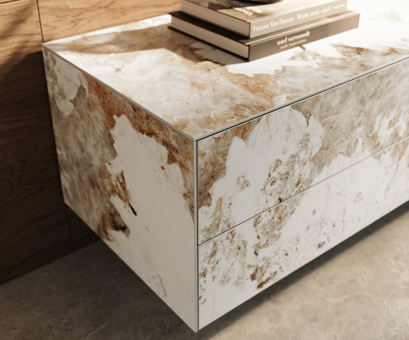 Meuble-TV Cuor 180 cm Céramique Minas Melange Blanc-beige 1 Clapet 2 Tiroirs Flottant 6