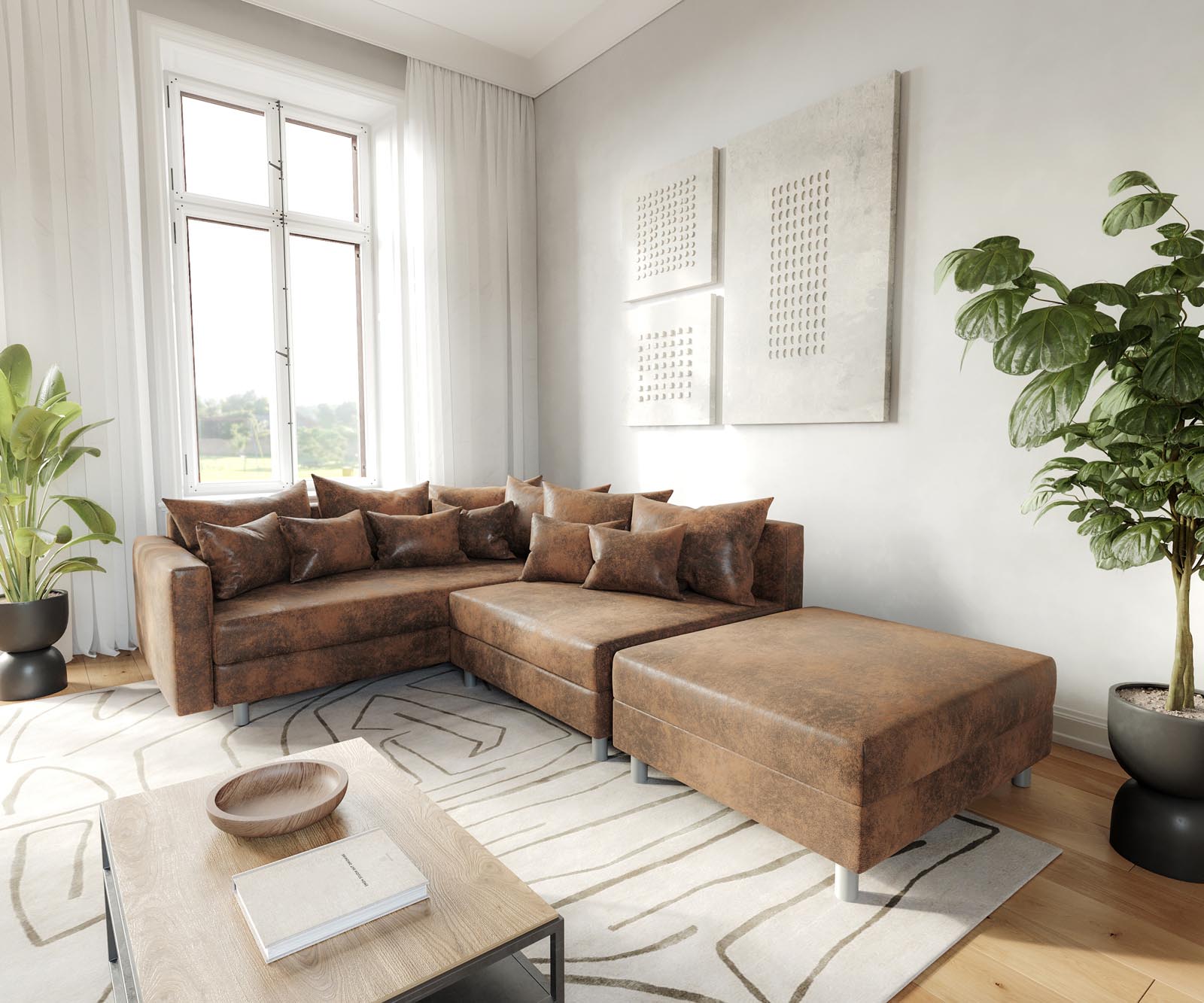 Canapé-d'angle Clovis marron modulable look antique avec tabouret et accoudoirs poufs gauche Canapé-d'angle Clovis marron modulable look antique avec tabouret et accoudoirs poufs gauche