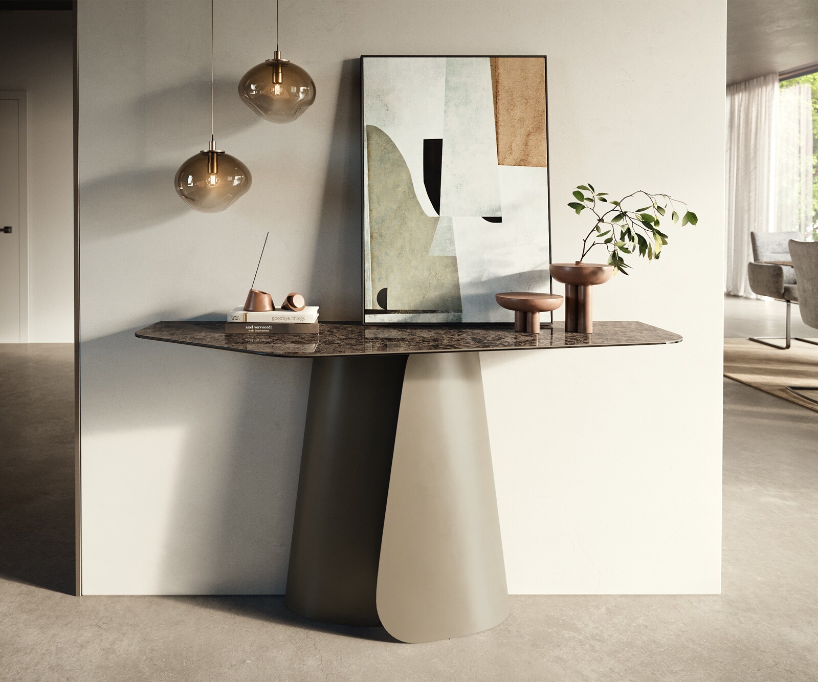 Console Edge Polygonal 140x50 cm Céramique Emperador Extra Lucidato Dunkelbraun Livos Métal Effektfinish Titan