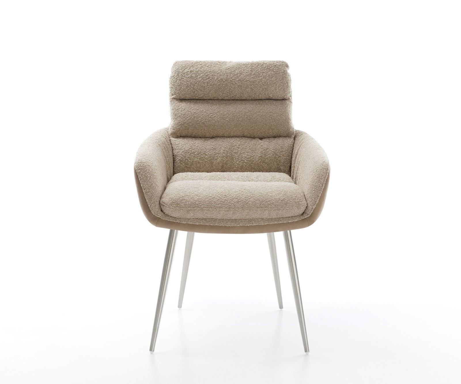 Chaise-de-salle-à-manger Abelia-Flex avec accoudoirs tissu mixte couleur boue 4 pieds coniques acier inoxydable brossé 1 Chaise-de-salle-à-manger Abelia-Flex avec accoudoirs tissu mixte couleur boue 4 pieds coniques acier inoxydable brossé 1