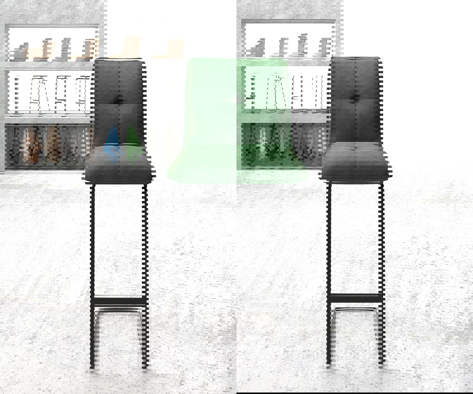 Chaise-de-bar Maddy-Flex velours vert chaise cantilever acier plat inoxydable 1