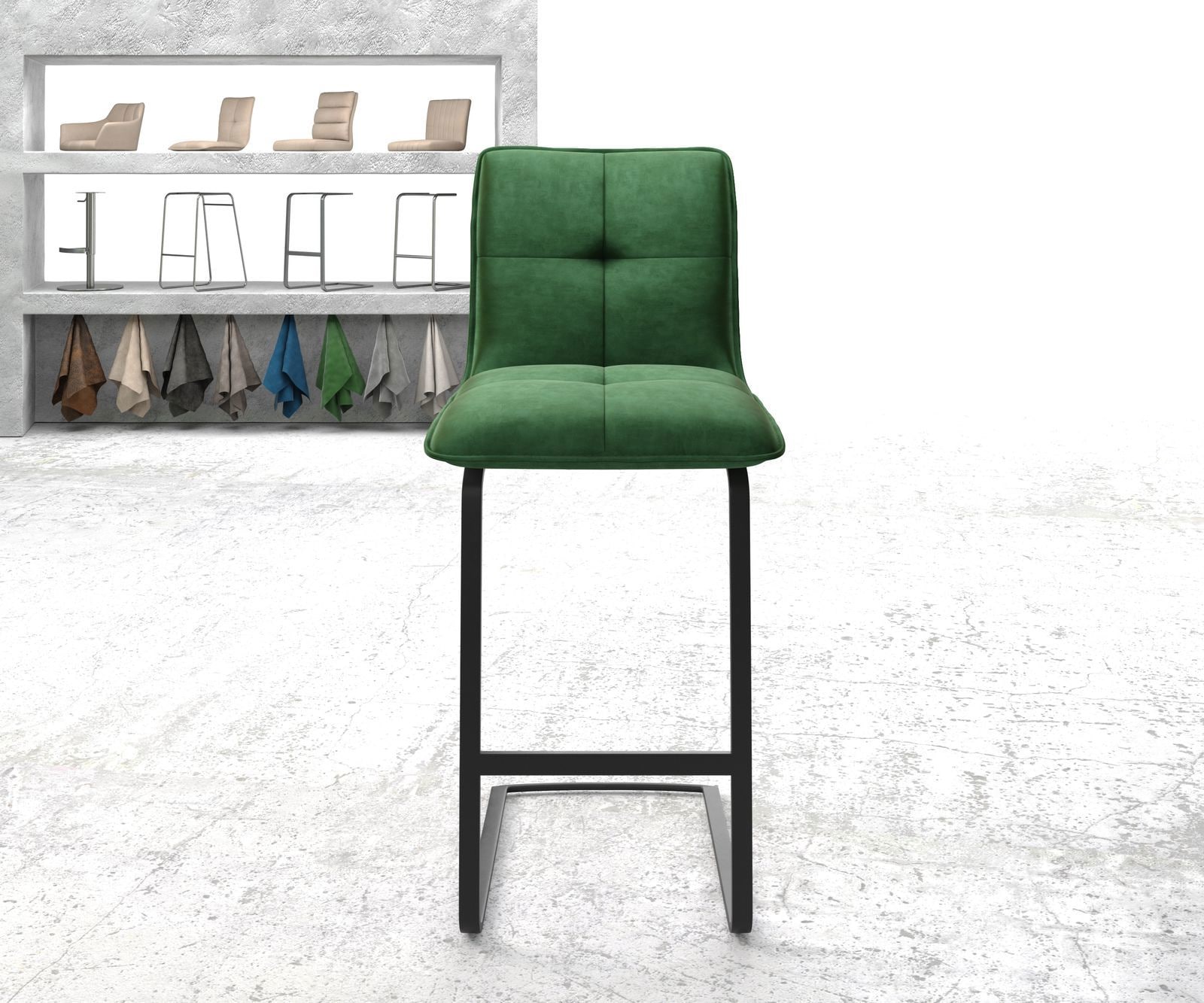 Chaise-de-bar Maddy-Flex velours vert chaise cantilever acier plat inoxydable 1 Chaise-de-bar Maddy-Flex velours vert chaise cantilever acier plat inoxydable 1