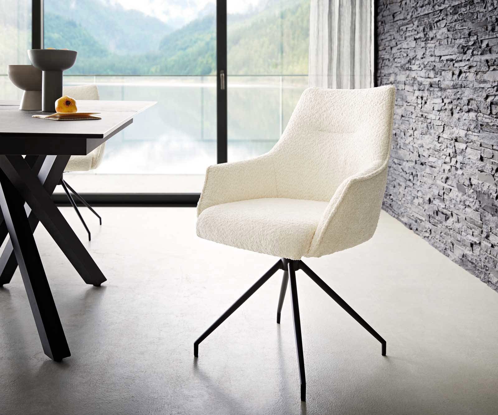 Chaise-pivotante Alja-Flex avec accoudoirs bouclé blanc pied croisé conique noir pivotement sur 180° ressorts ensachés Chaise-pivotante Alja-Flex avec accoudoirs bouclé blanc pied croisé conique noir pivotement sur 180° ressorts ensachés