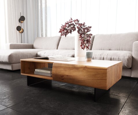 Table-basse New Live-Edge 115x60 cm acacia naturel 2 tiroirs 1 compartiment pied flottant métal noir