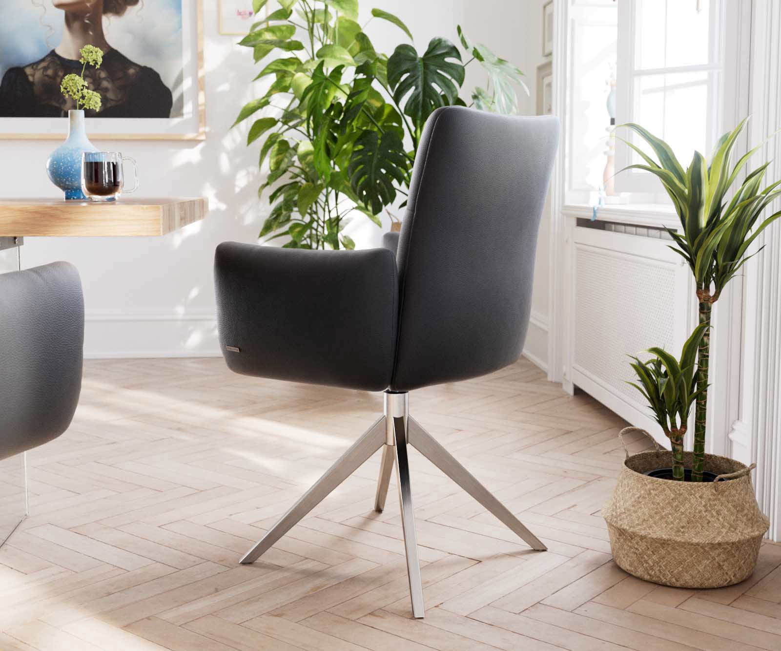 Chaise-pivotante Jova-Flex avec accoudoirs cuir de vache noir pied croisé large acier inoxydable brossé pivotement sur 360° ressorts ensachés 3 Chaise-pivotante Jova-Flex avec accoudoirs cuir de vache noir pied croisé large acier inoxydable brossé pivotement sur 360° ressorts ensachés 3