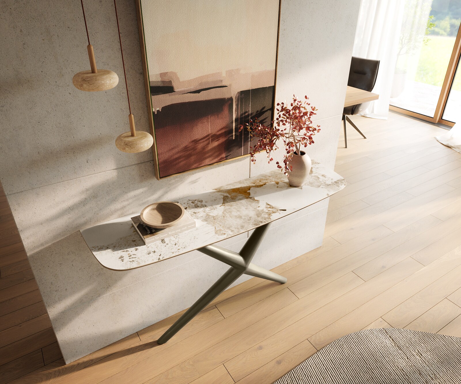 Console Edge forme bateau 140x40 cm Céramique Minas Melange Weiß-Beige Estelo Métal Effektfinish Titan 1