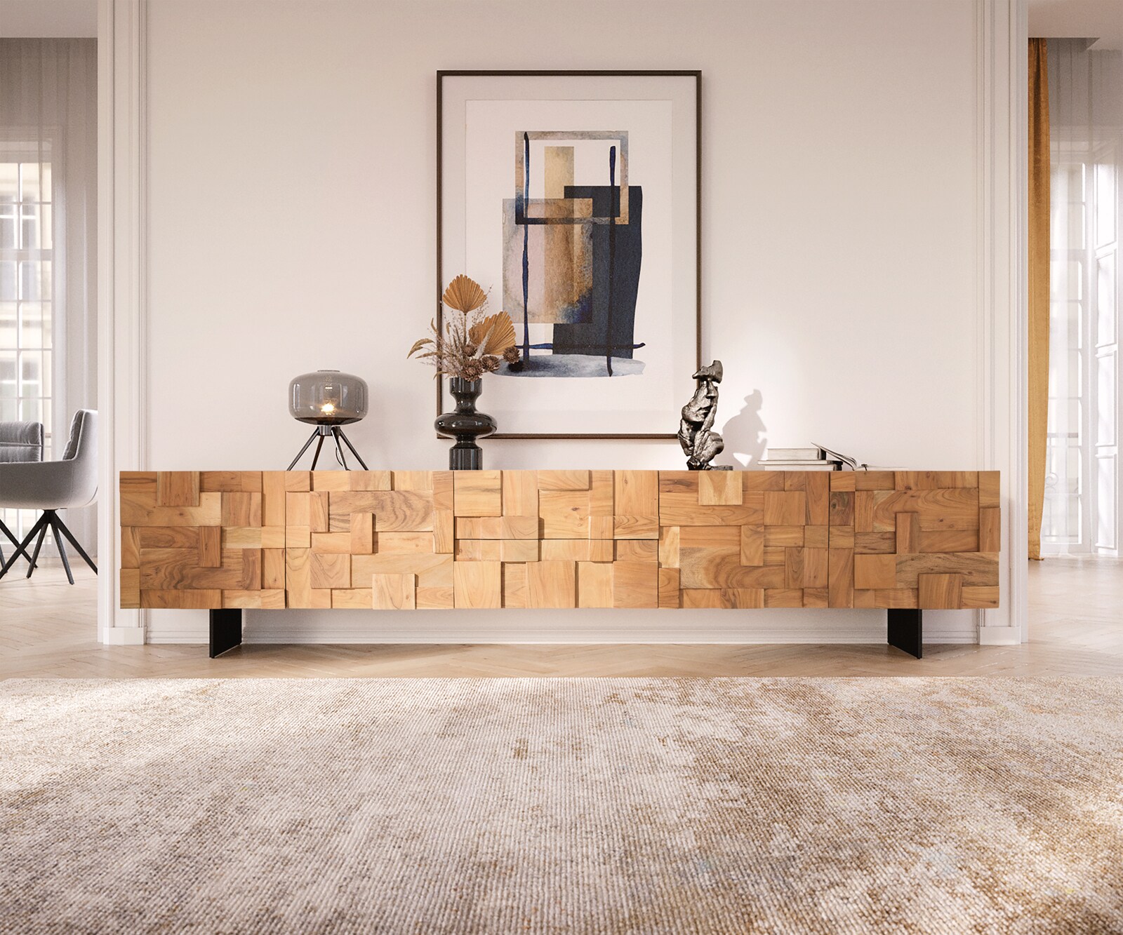Meuble-TV Puzzle 260 cm 4 portes 2 tiroirs acacia naturel pied flottant métal noir 1