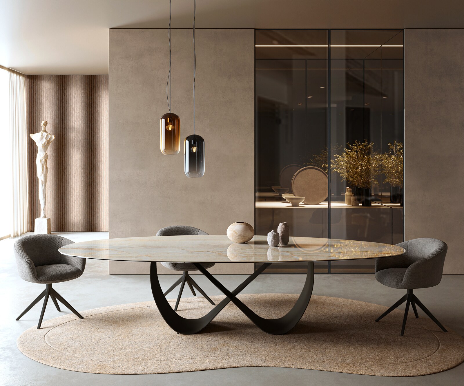 Table à manger Edge Oval 315x150 cm Céramique Iris FMG Onice Oro Infinity Métal Noir 1