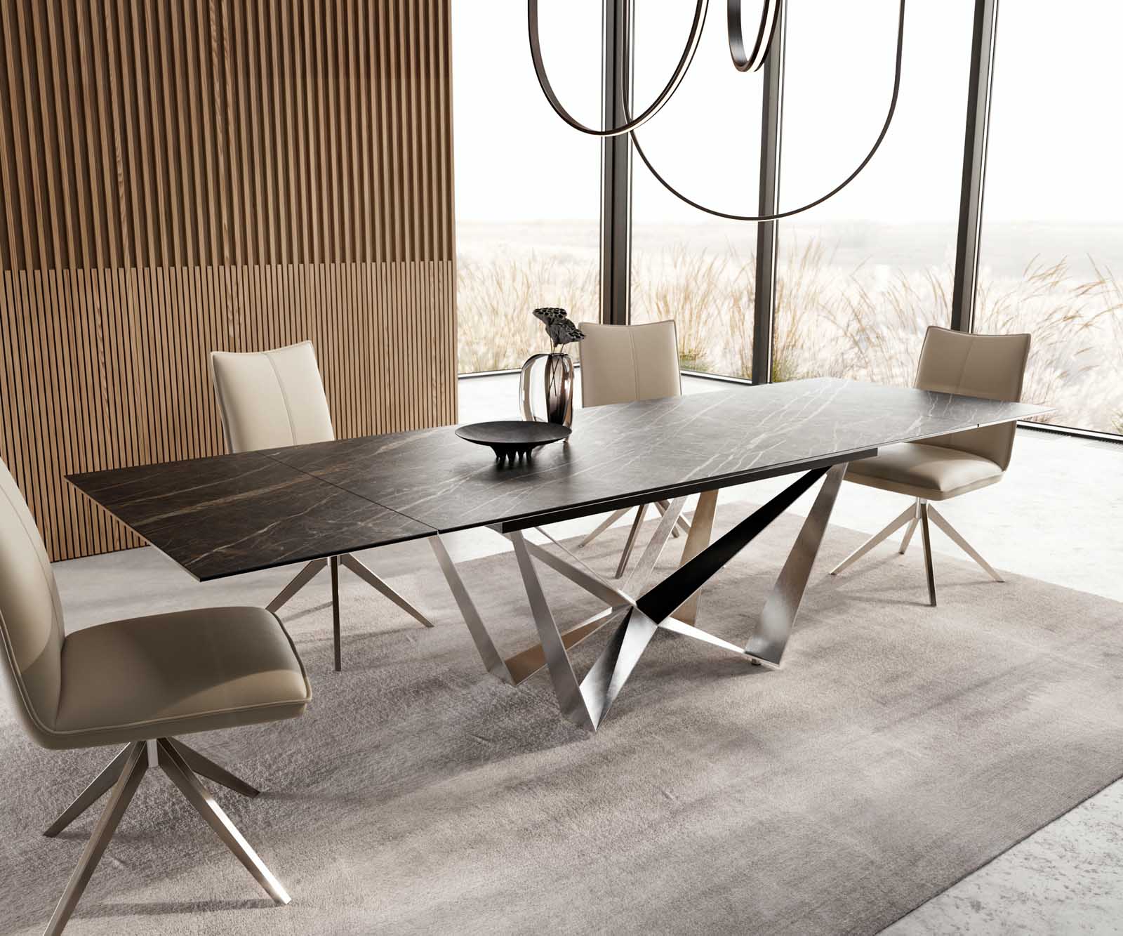 Table à manger Edge 200-300x100 céramique Laminam®Noir Desir marron Spider acier plat acier inoxydable extensible 7