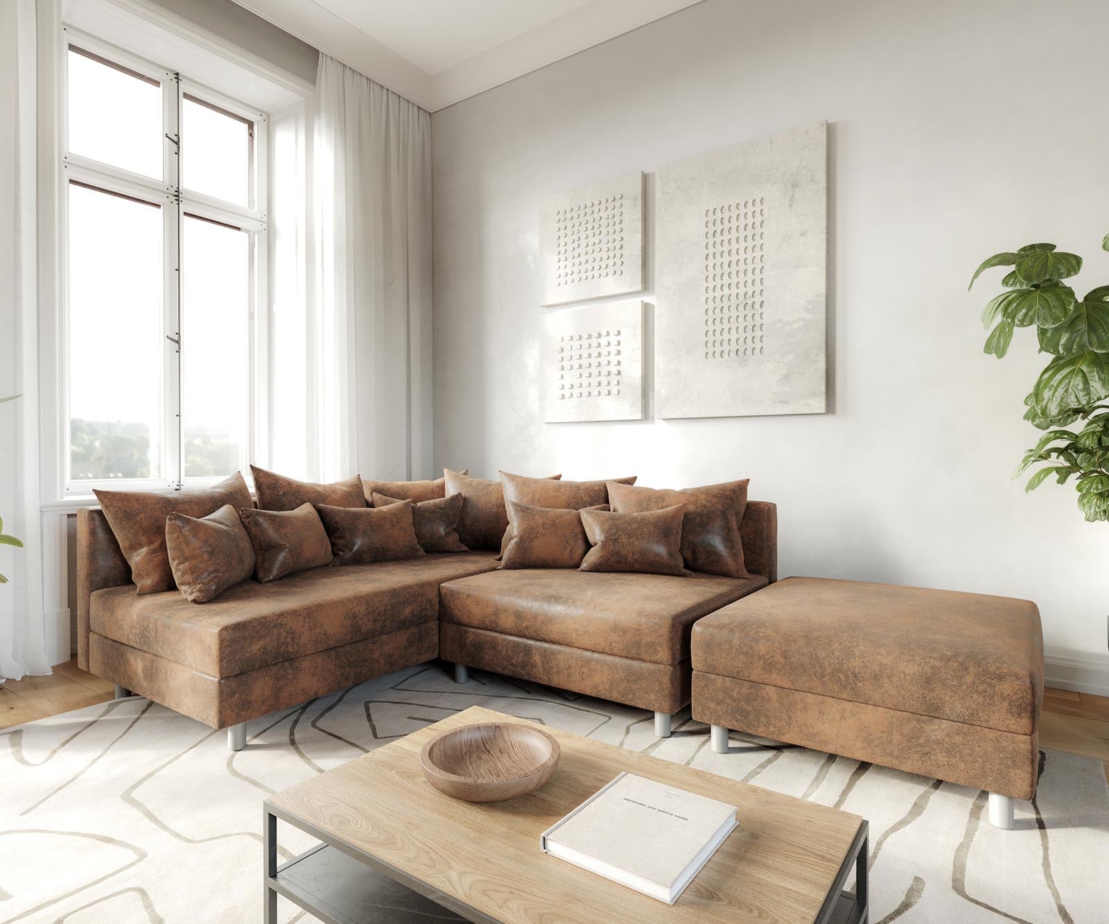 Canapé d'angle Clovis tabouret marron aspect antique ottoman gauche canapé  module 1 Canapé d'angle Clovis tabouret marron aspect antique ottoman gauche canapé  module 1