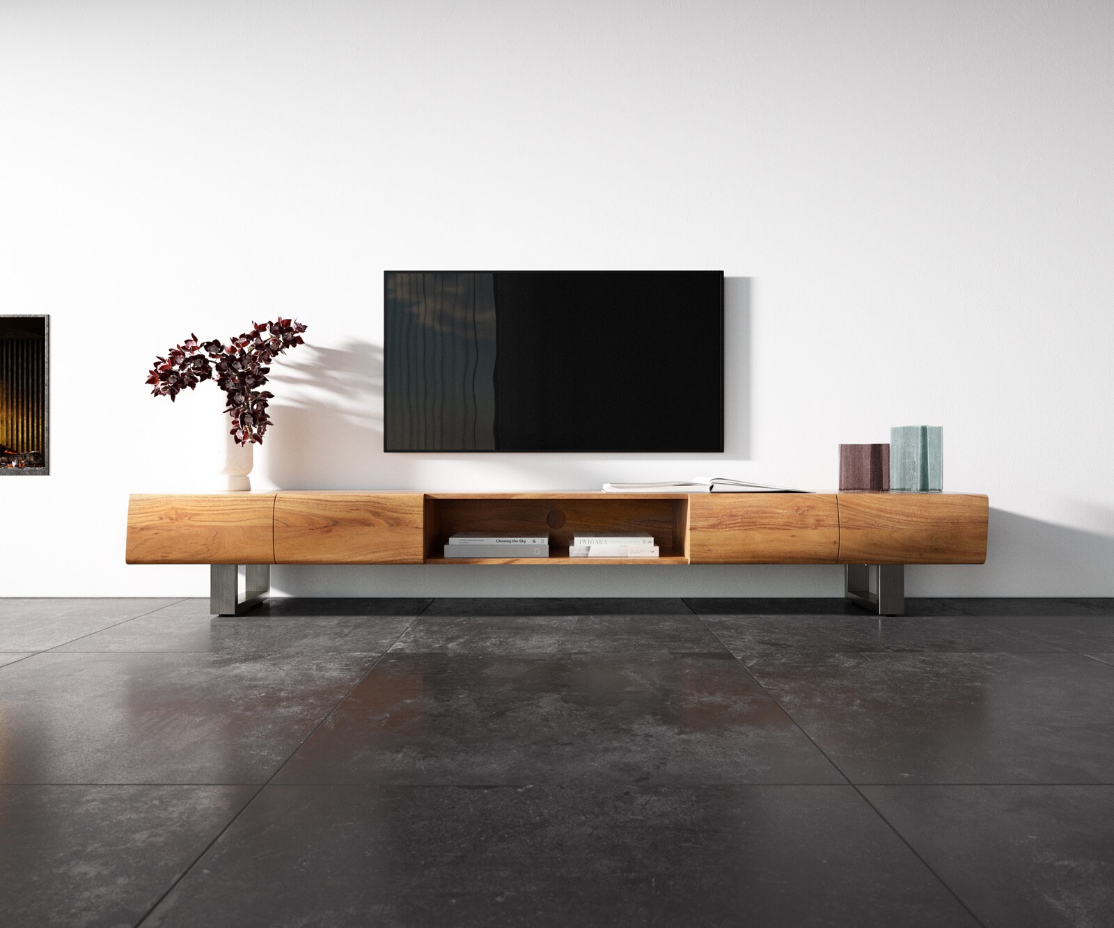 Meuble-TV New Live-Edge 240 cm acacia naturel 4 portes 1 compartiment patin inoxyda le brossé 3