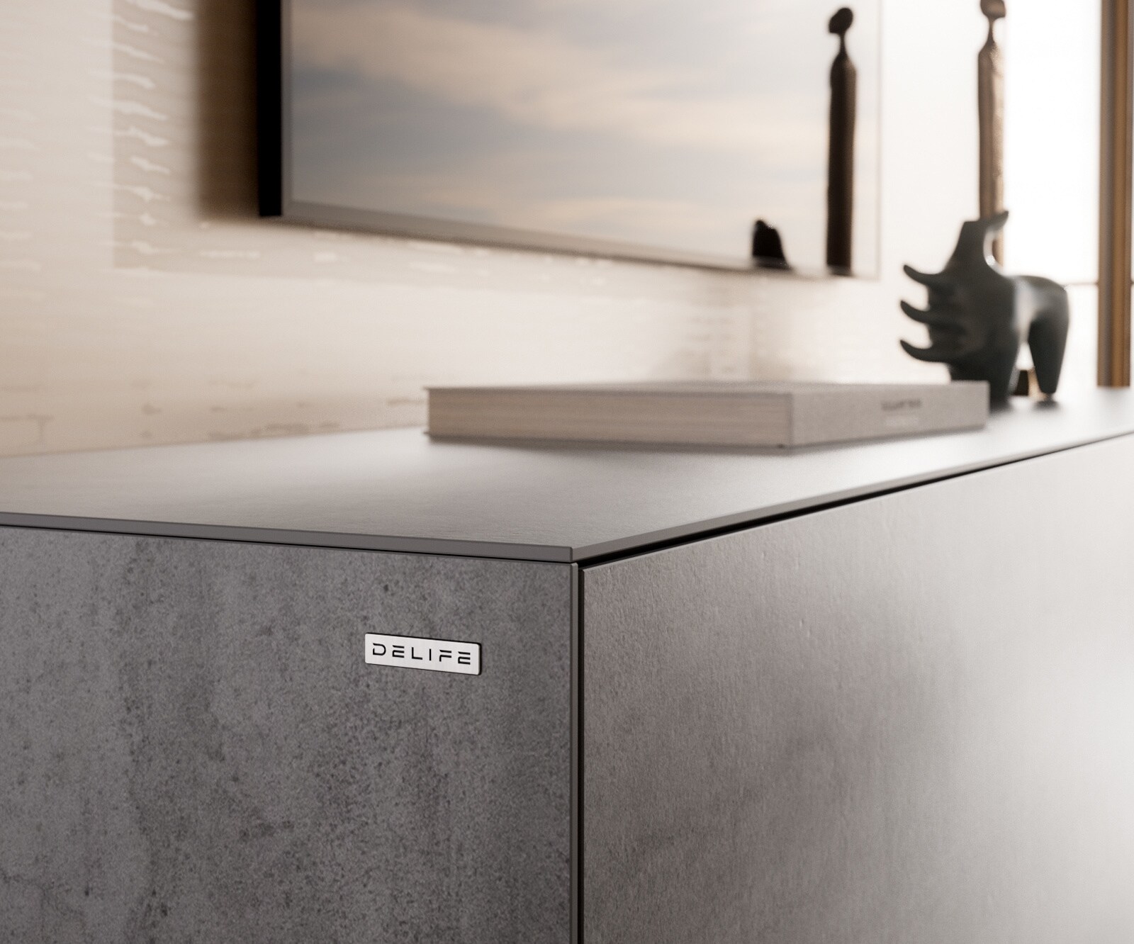Meuble-TV Cuor 220 cm Céramique Béton gris 1 Clapet 2 Tiroirs Pied optique flottant Métal Noir 6