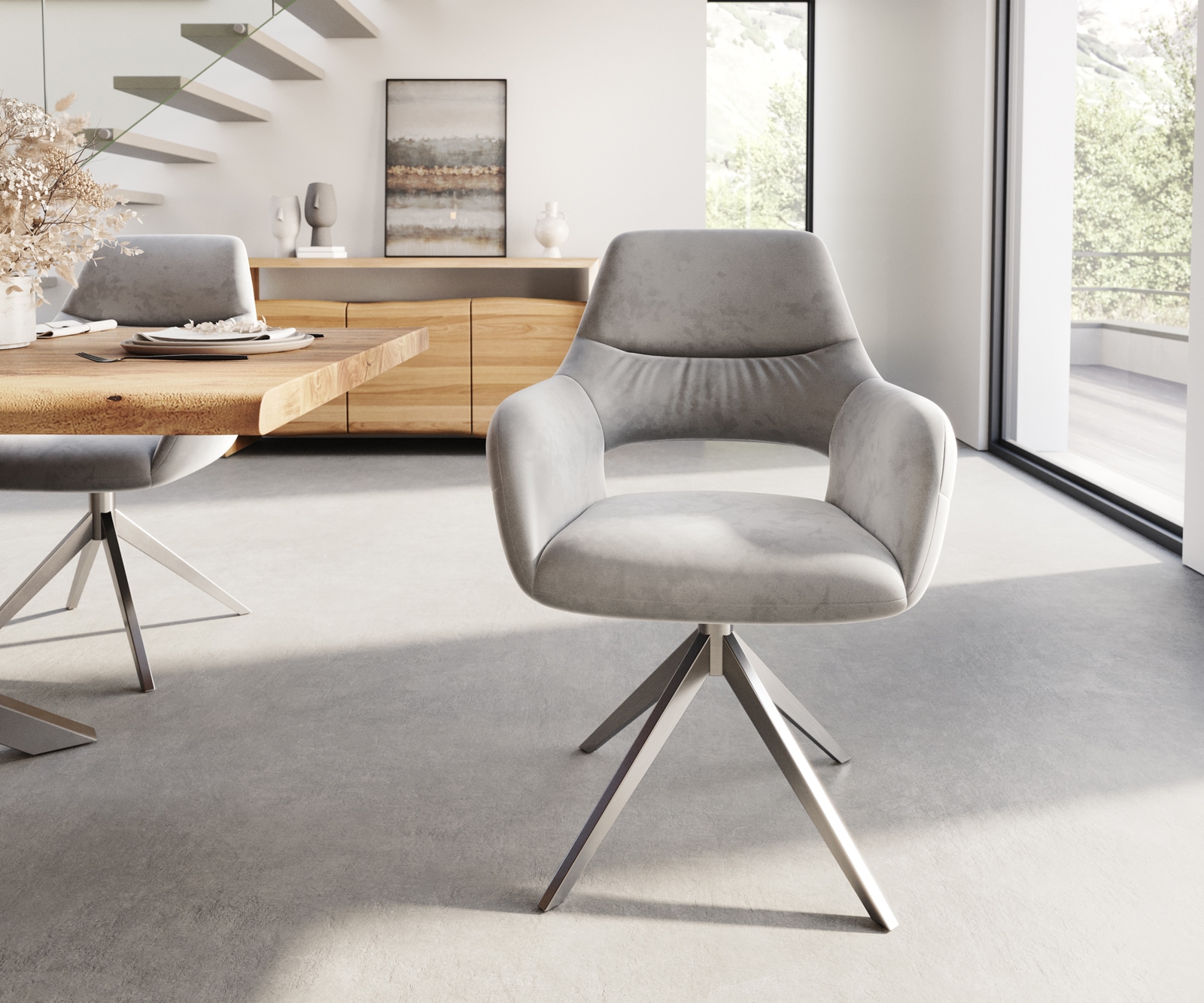 Chaise-de-salle-à-manger Yago-Flex avec accoudoirs velours gris pied croisé large acier inoxydable brossé ressorts ensachés 1 Chaise-de-salle-à-manger Yago-Flex avec accoudoirs velours gris pied croisé large acier inoxydable brossé ressorts ensachés 1