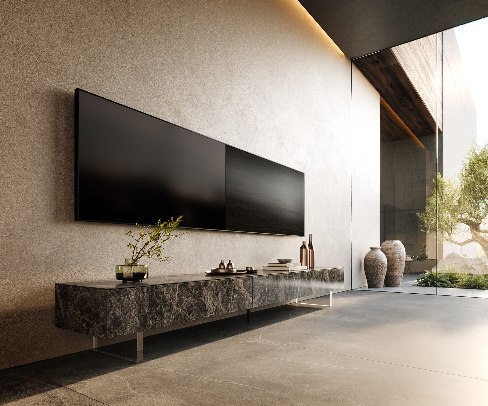 Meuble-TV Cuor 250 cm Céramique Laminam® Emperador Extra Lucidato brun foncé 1 Clapet 1 Tiroir Pied optique flottant Verre acrylique 1