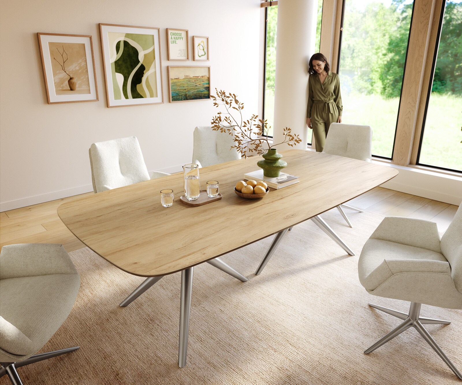 Table à manger Edge Boot 240x120 cm Céramique Laminam® Sabbia Eichefarbig Estelar rond Acier inoxydable 1