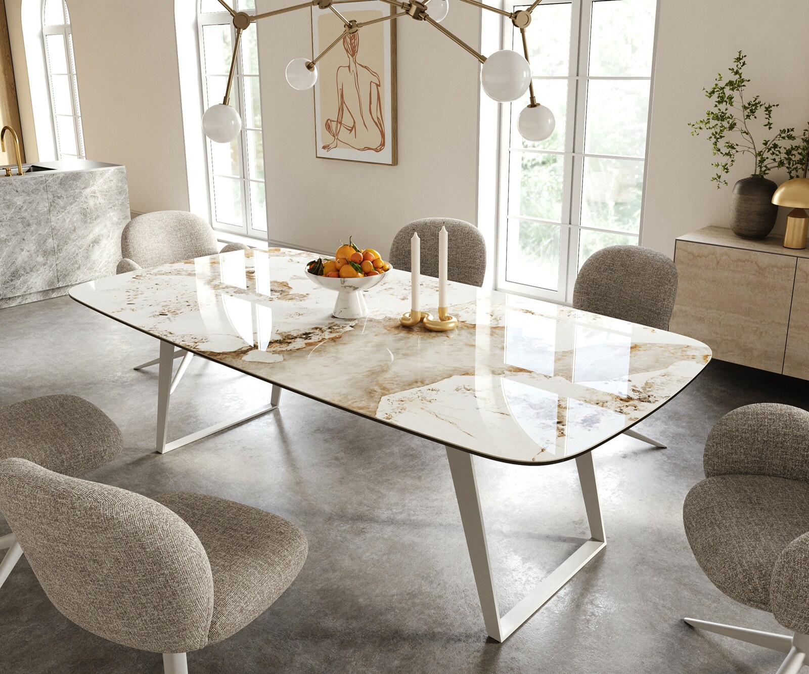 Table à manger Edge Boot 240x120 cm Céramique Minas Melange Blanc-Beige Métal Schräg Blanc