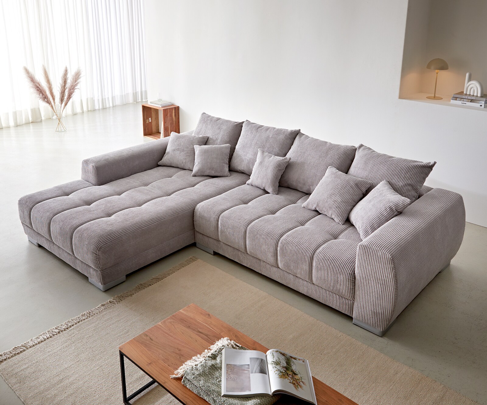 Canapé-d'angle Josea 300x220 cm velours côtelé gris argenté méridiènne gauche 4