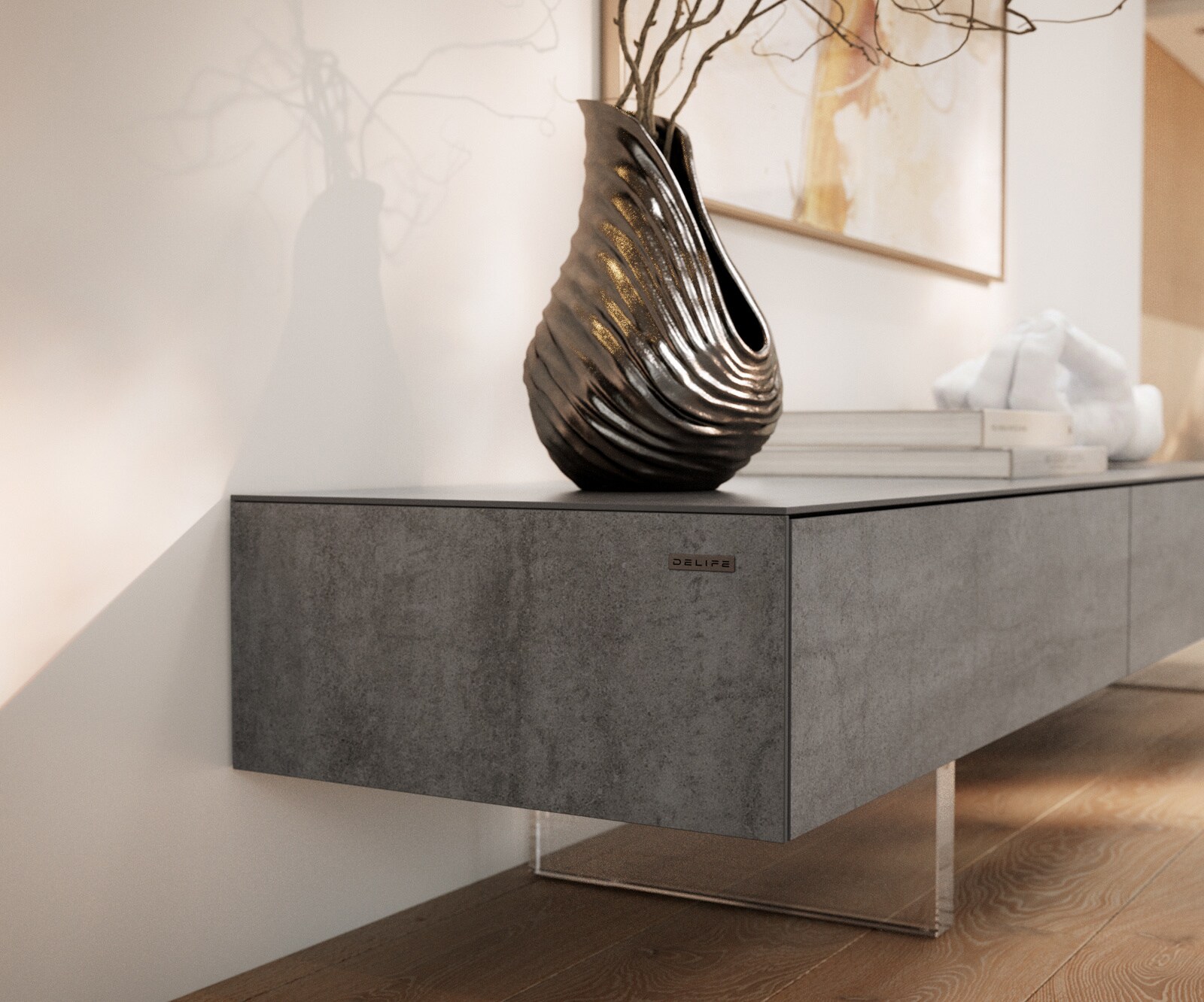 Meuble-TV Cuor 200 cm Céramique Béton gris 1 Clapet 1 Tiroir Pied optique flottant Verre acrylique 6
