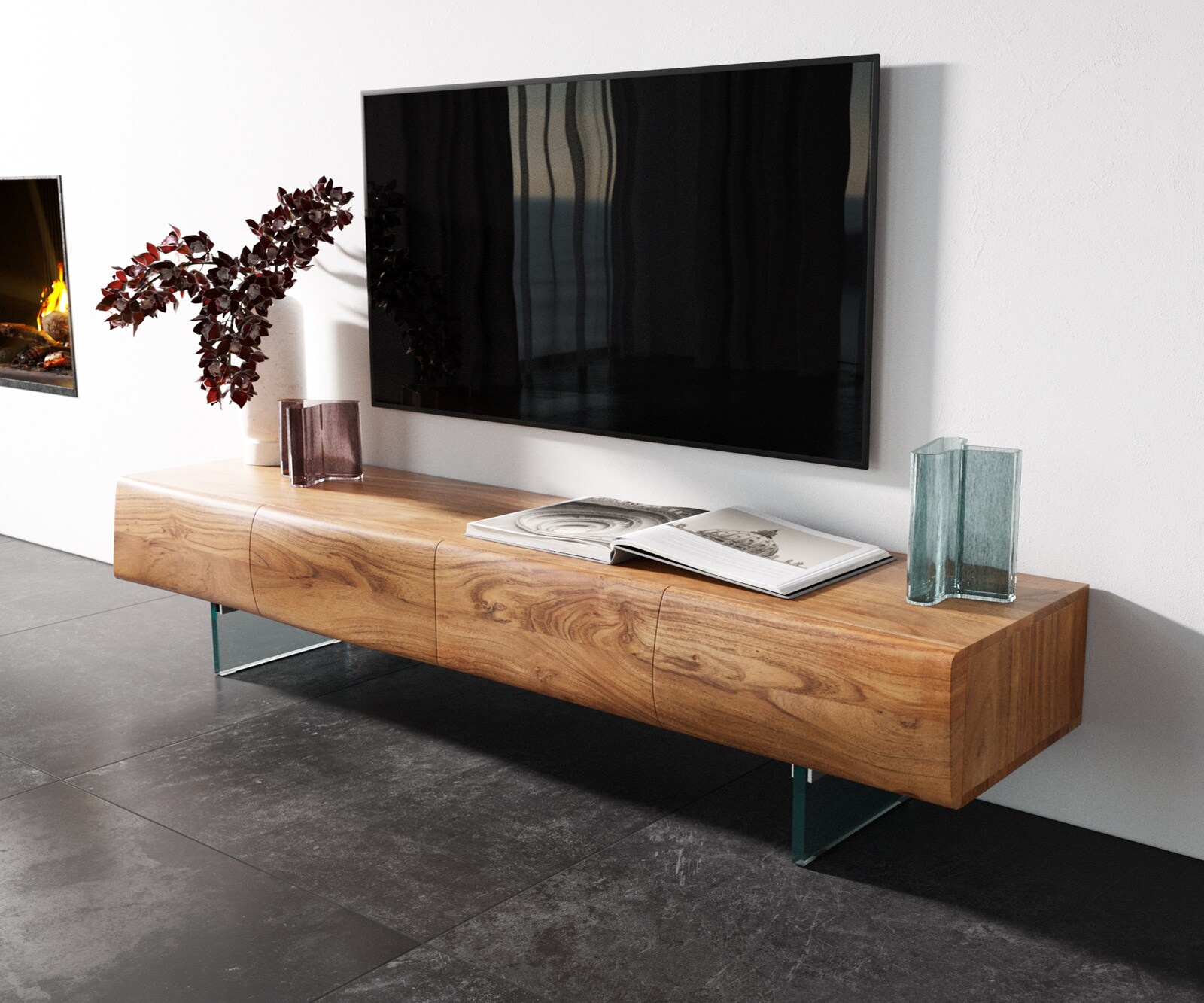 Meuble - TV New Live-Edge 175 cm acacia naturel 4 portes pied en verre