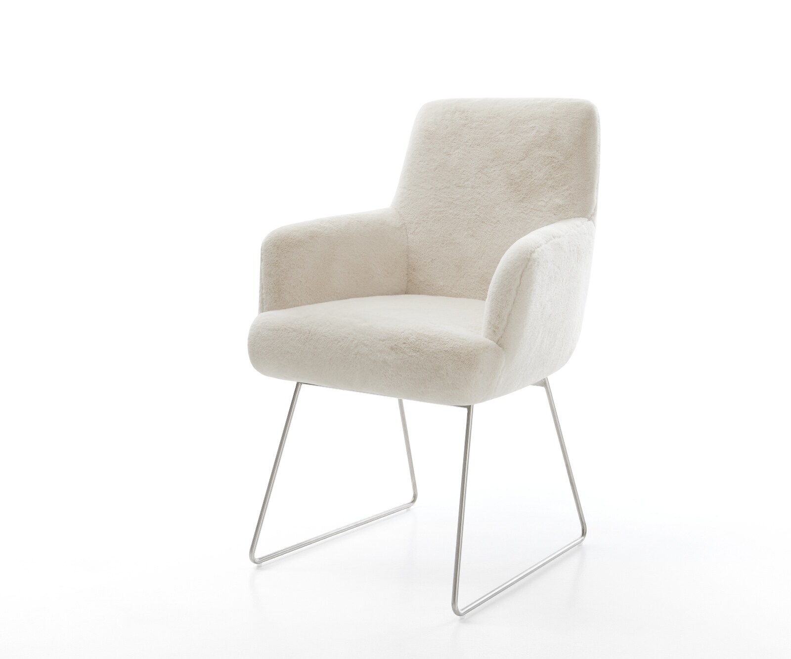 Chaise-de-salle-à-manger Heira-Flex avec accoudoirs peluche crème-blanc pied trapèze acier inoxydable resorts ensachés 1