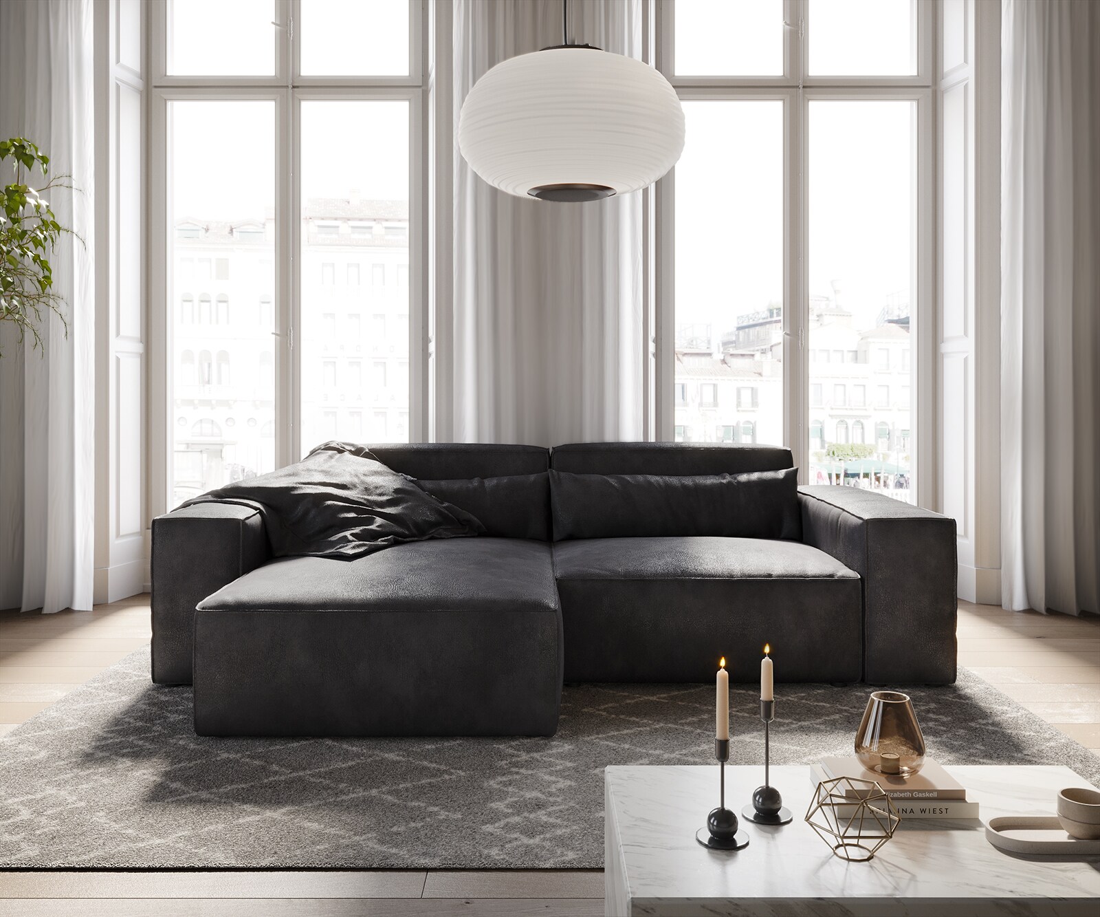 Canapé d'angle Sirpio 230x155 cm Cuir synthétique Vintage Anthracite Recamiere variable 1