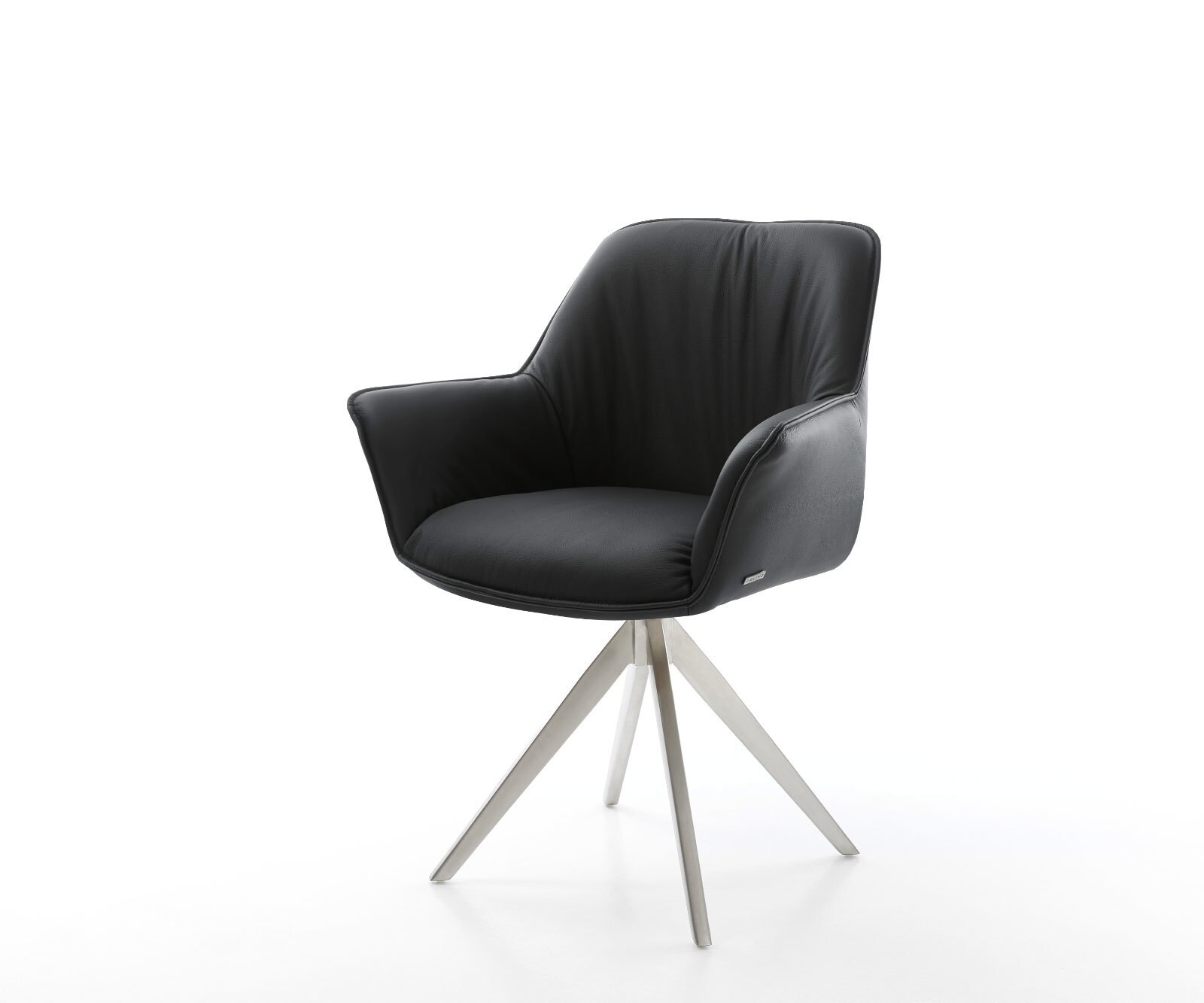 Chaise-de-salle-à-manger Keila-Flex avec accoudoirs cuir de vache noir pied croisé angulaire acier inoxydable brossé