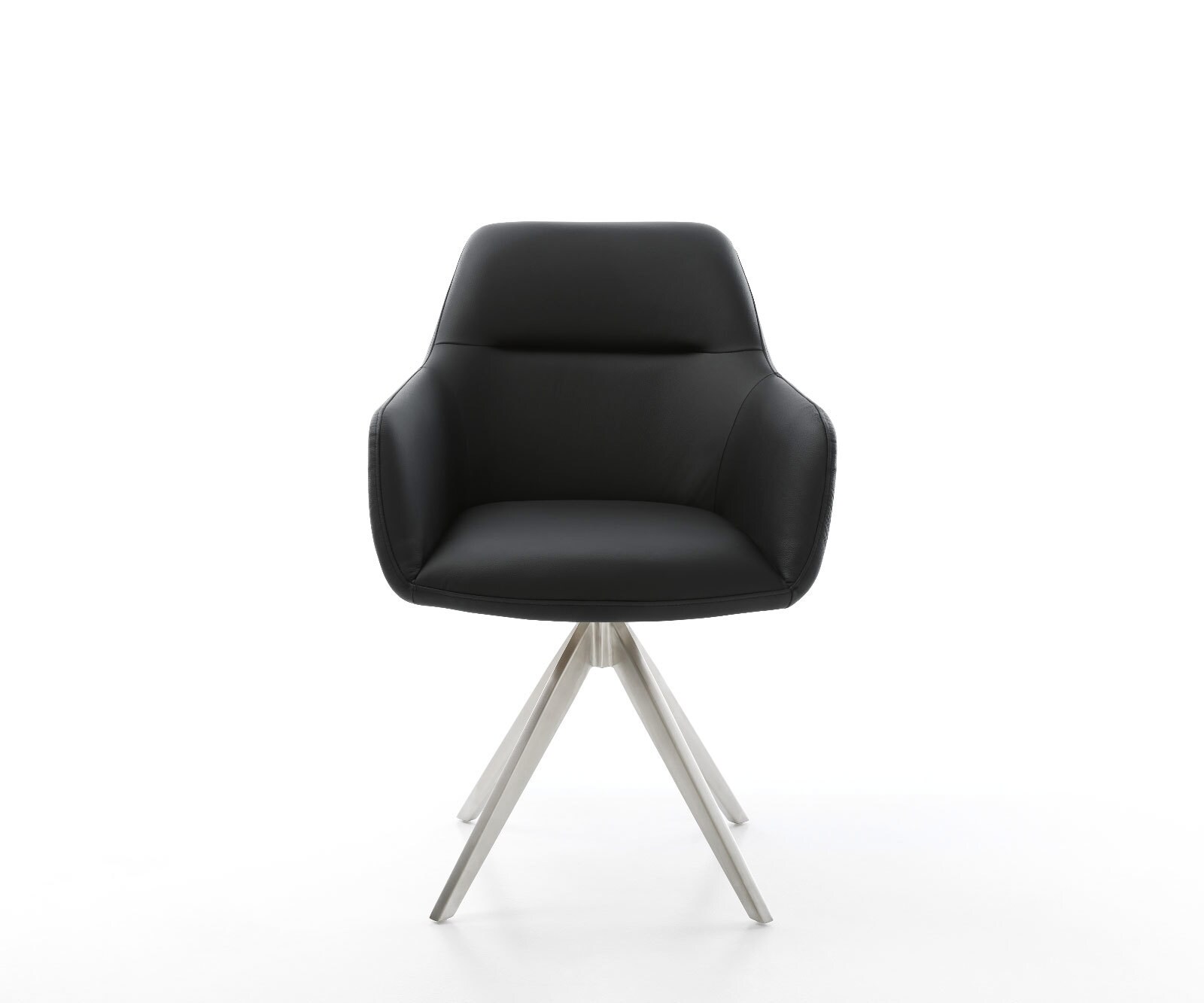 Chaise-de-salle-à-manger Pejo-Flex cuir de vache noir pied croisé angulaire acier inoxydable brossé ressorts ensachés 1