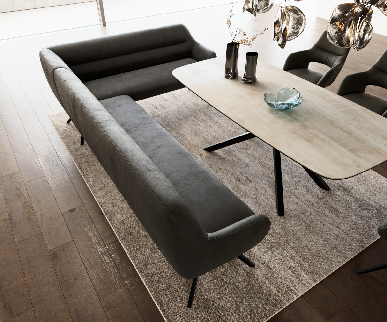 Banc-de-salle-à-manger Taya-Flex 285x190 cm microfibre antracite vintage pied croisé angulaire noir ressort ensaché liens 4