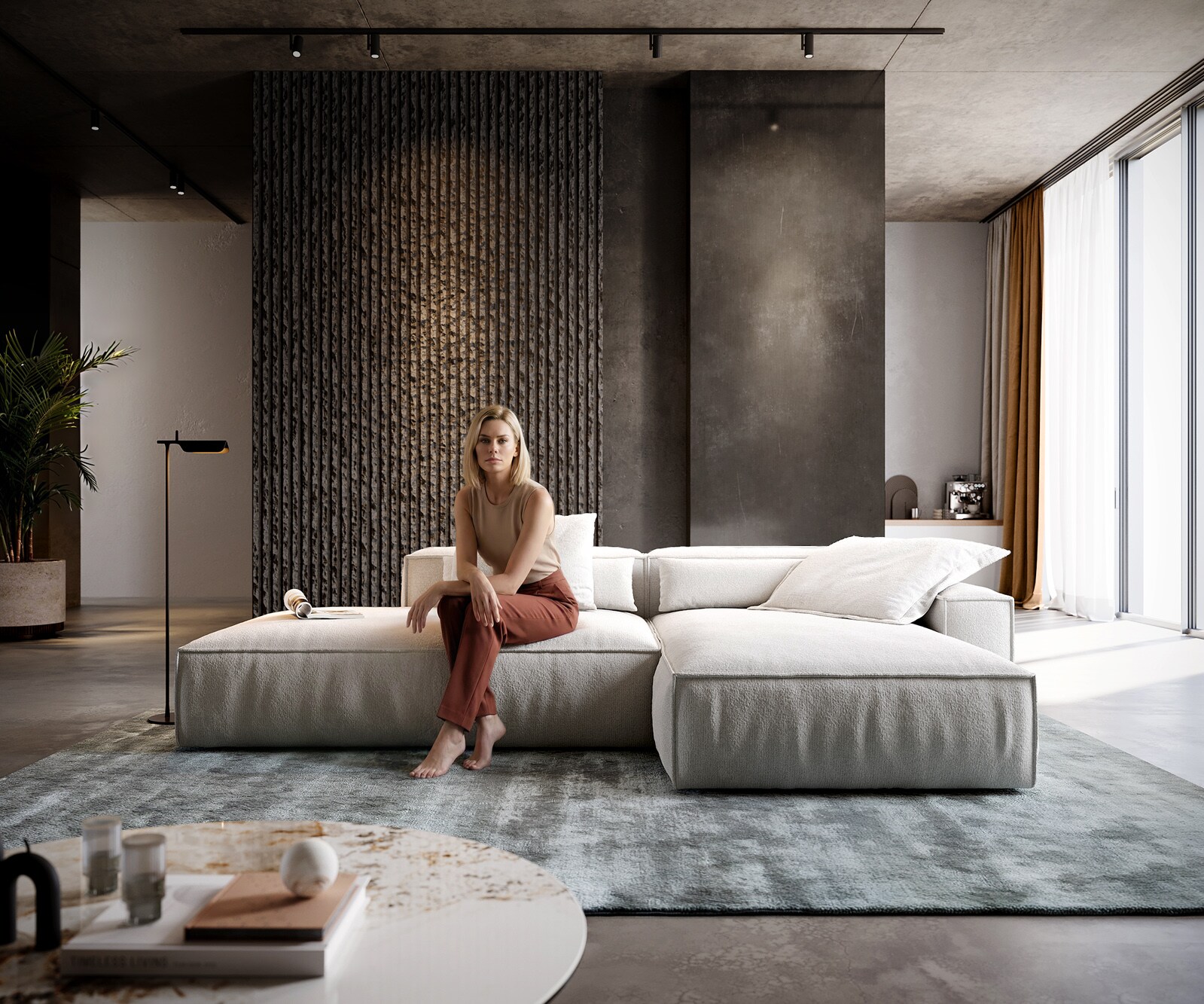 Canapé d'angle Freestyle 310x200 cm Bouclé doux Beige couture passepoilée 1