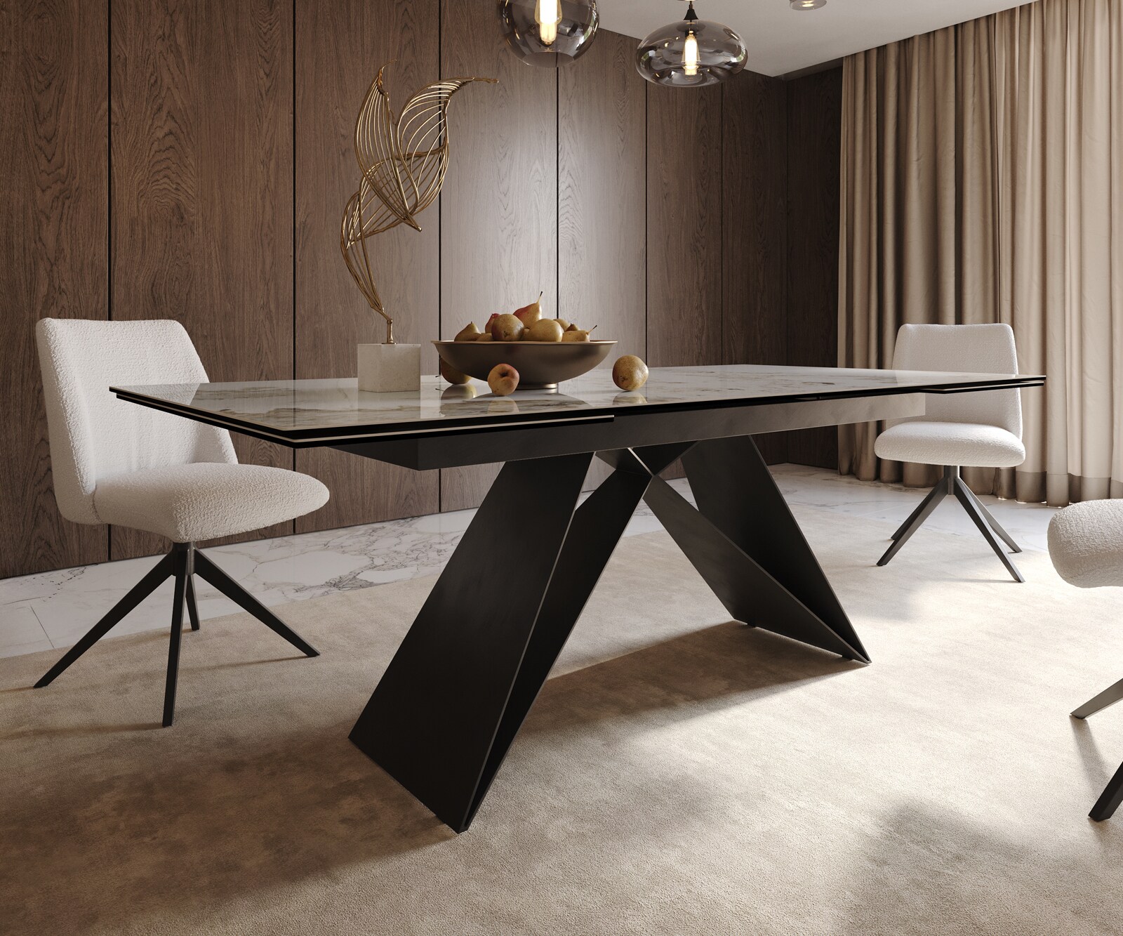 Table à manger Edge 200-300x100 céramique Minas mélange blanc-beige cadre en V acier plat noir extensible 6