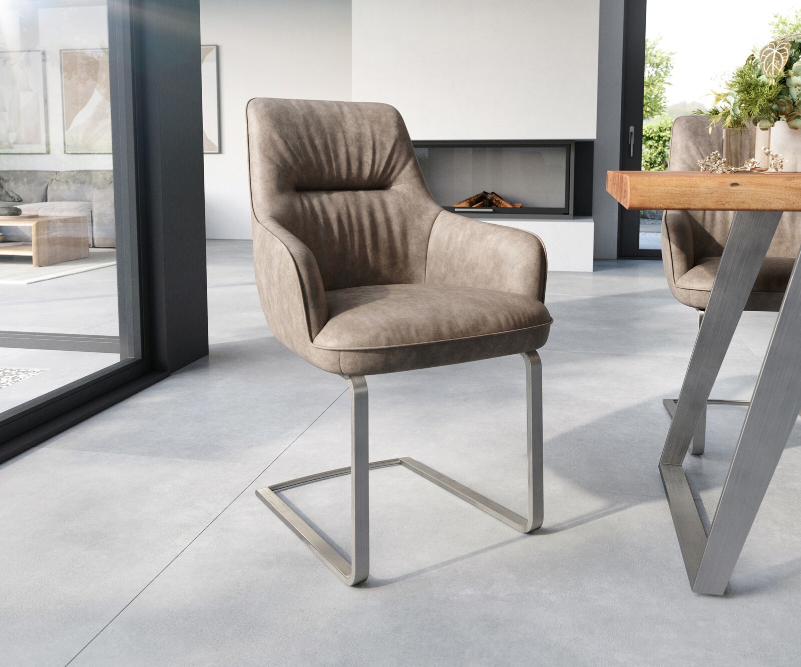 Cantilever Zelia-Flex avec accoudoirs microvelours taupe vintage pied cantilever plat acier inoxydable brossé ressorts ensachés