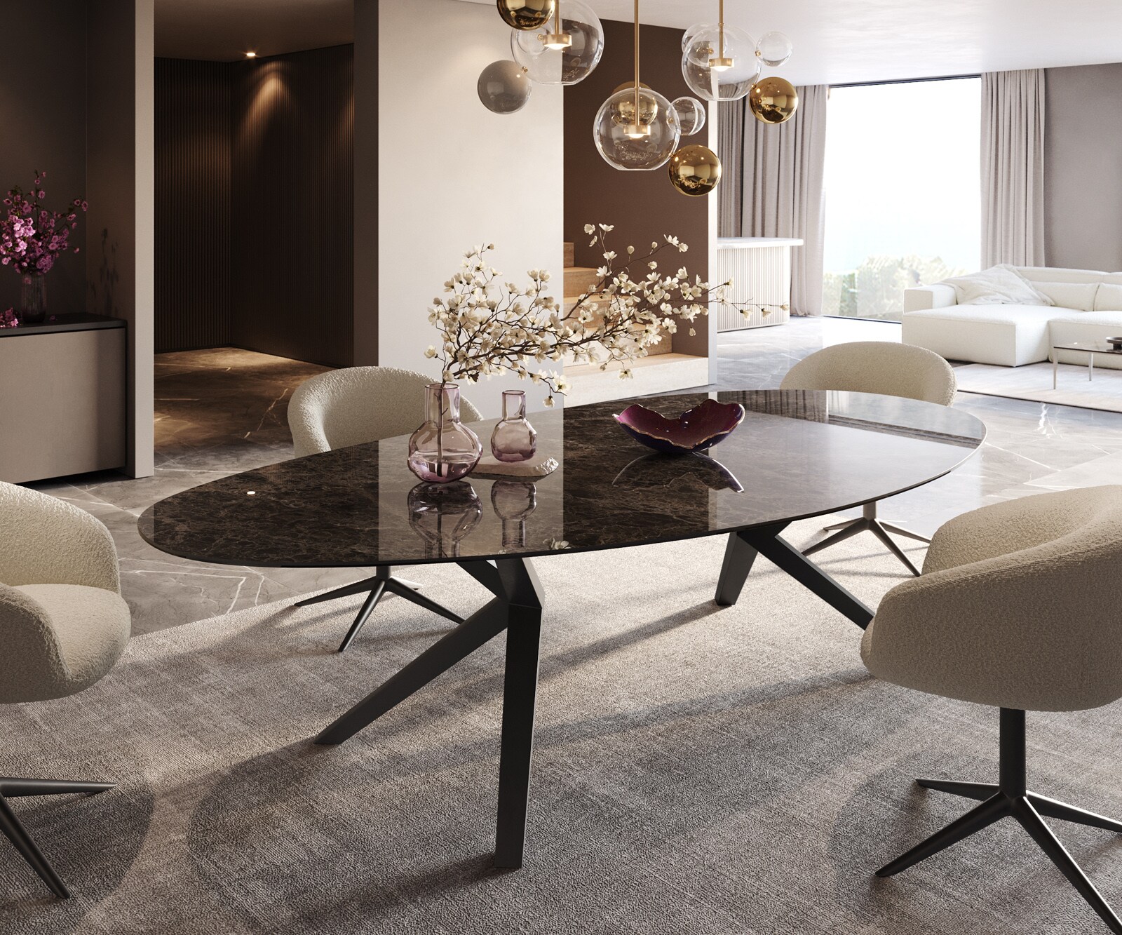Table à manger Edge Ovale 280x130 Céramique Laminam®Emperador Extra Lucidato Marron foncé Zenthara anguleux Métal Noir