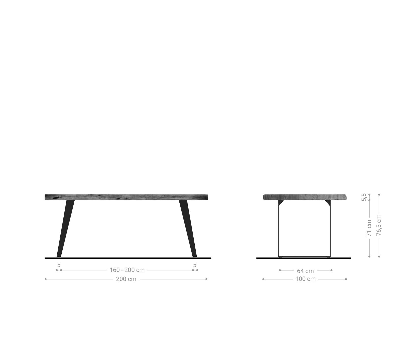 Table-à-manger Edge 200x100 XL acacia marron acier inoxydable incliné Live-Edge 5