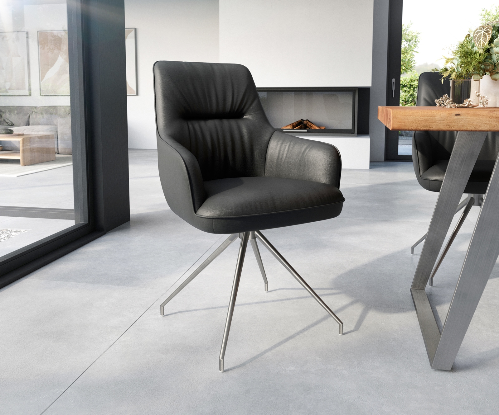 Chaise-de-salle-à-manger Zelia-Flex avec accoudoirs cuir de vache noir pied croisé conique acier inoxydable brossé ressorts ensachés Chaise-de-salle-à-manger Zelia-Flex avec accoudoirs cuir de vache noir pied croisé conique acier inoxydable brossé ressorts ensachés