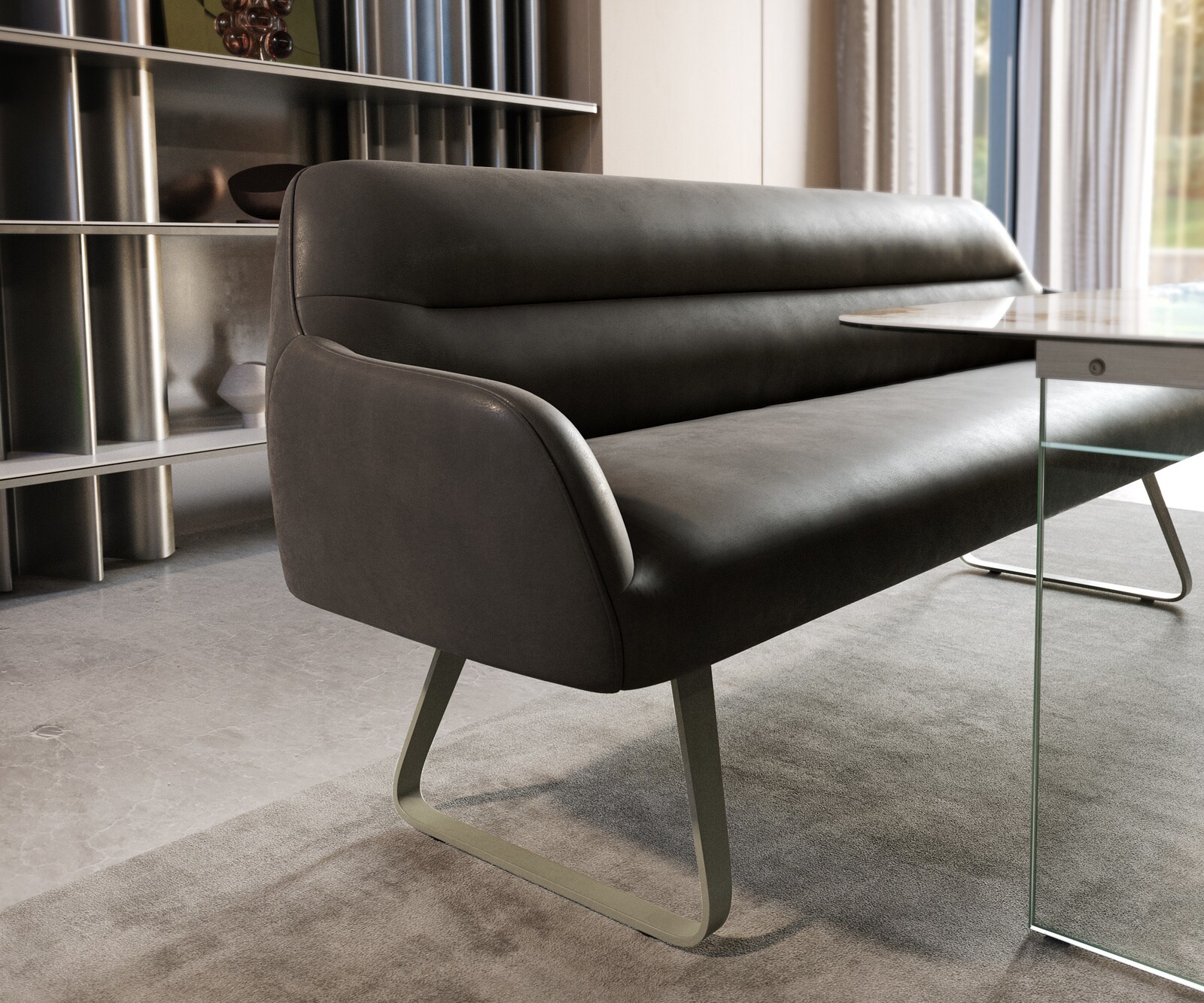 Banc-de-salle-à-manger Taya-Flex 200 cm microfibre antracite vintage châssis à patins plat titane ressort ensaché 4