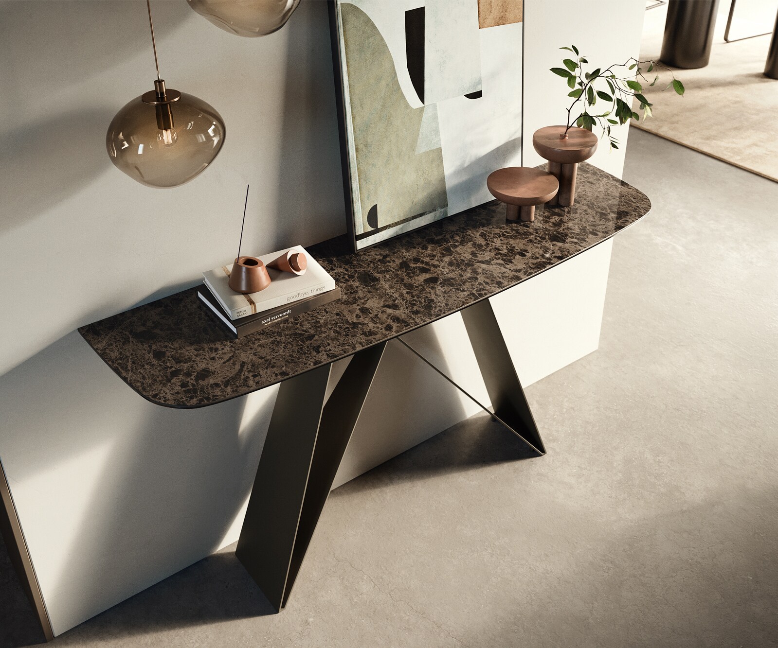 Console Edge forme bateau 140x40 cm Céramique Emperador Extra Lucidato Dunkelbraun Velio Métal Effektfinish Titan 1