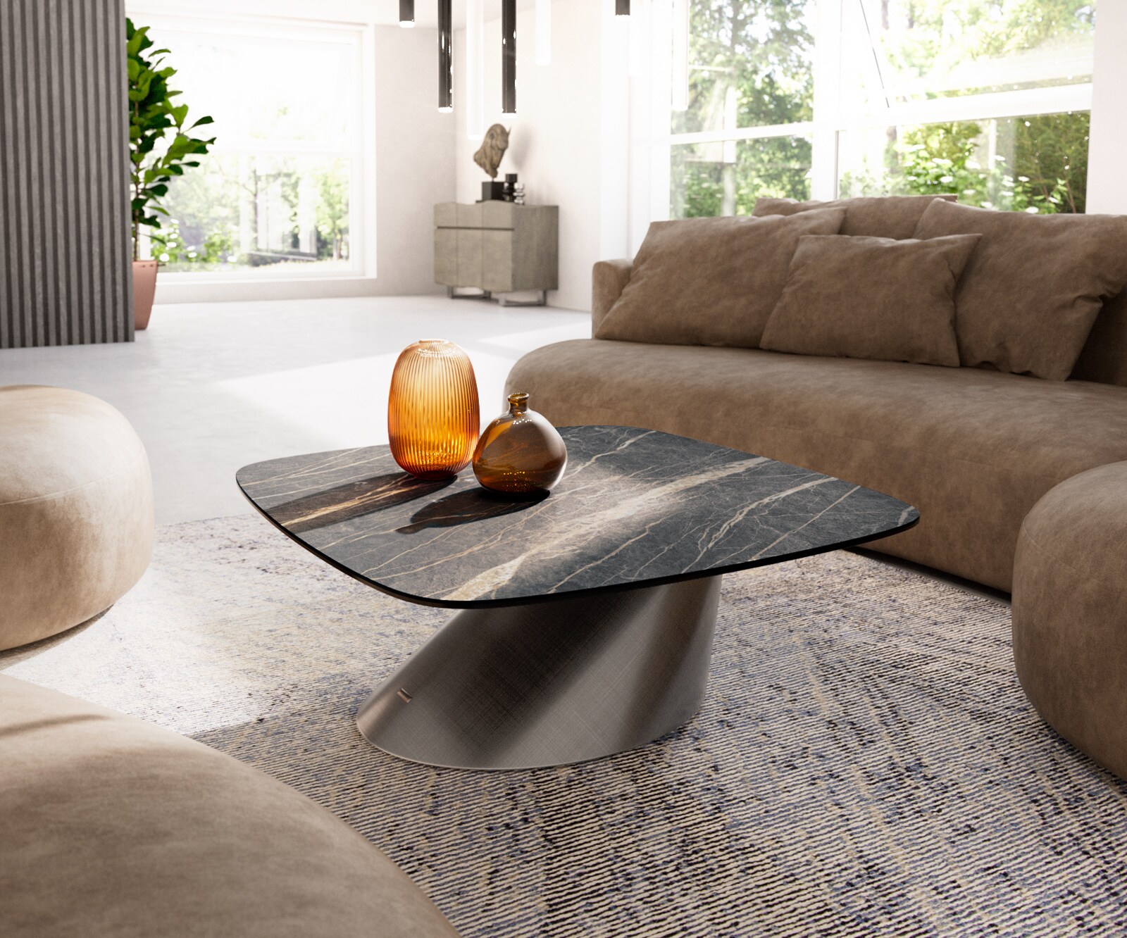 Table basse Edge Boot 90x90 cm céramique Laminam® Noir Desir brun Conis argent métallique