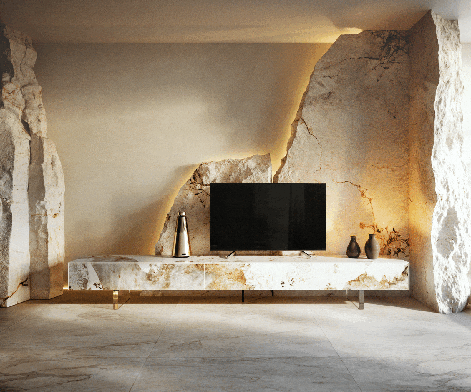 Meuble-TV Cuor 250 cm Céramique Minas Melange Blanc-beige 1 Clapet 1 Tiroir Pied optique flottant Verre acrylique 5