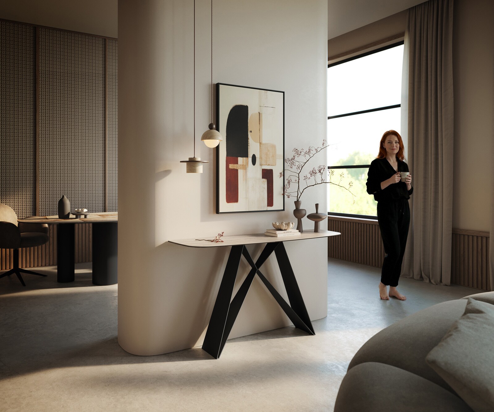 Console Edge forme bateau 140x40 cm Céramique Laminam® Travertino Bianco Creme-Weiß Velio Métal Noir 7
