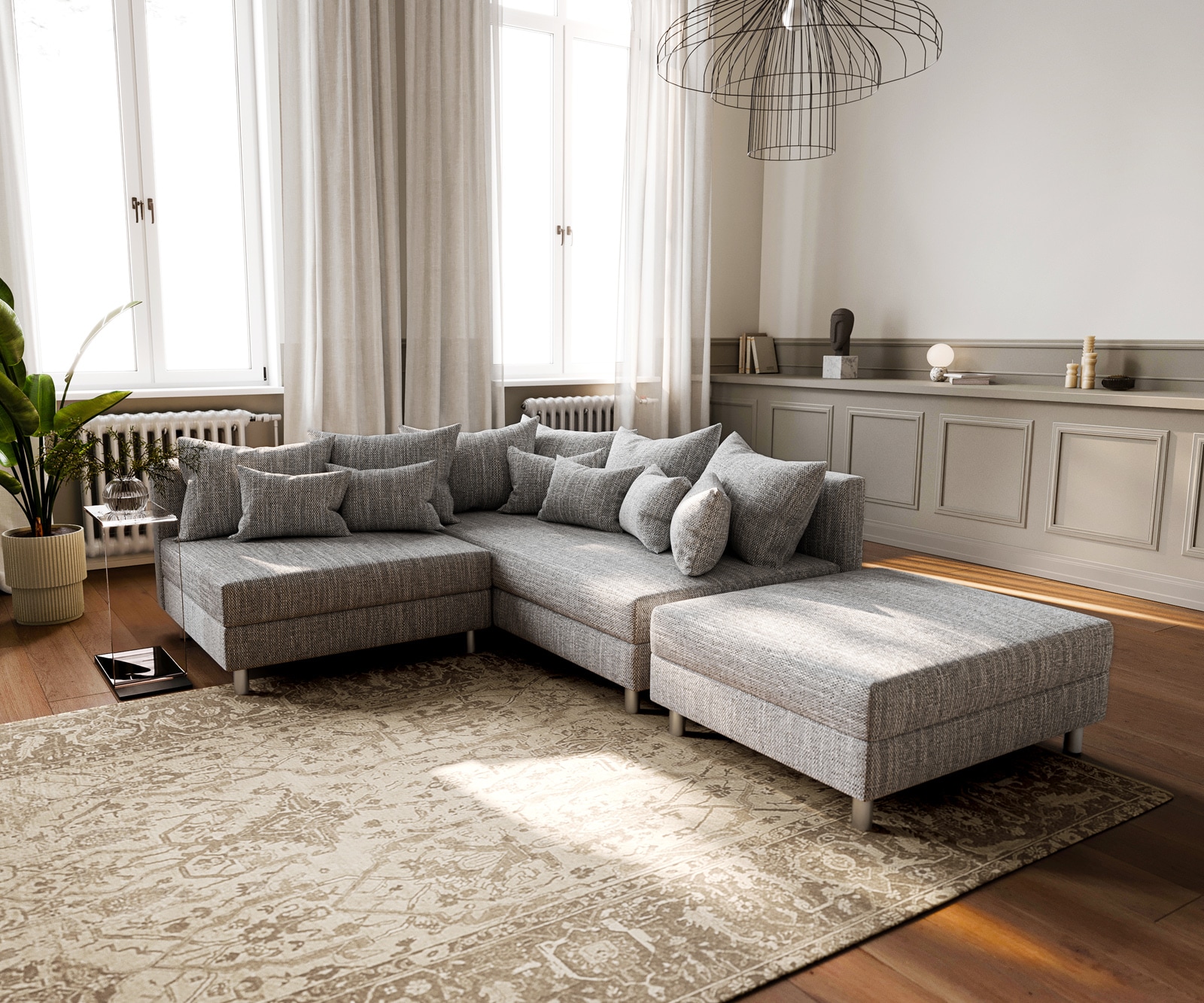 Canapé-d'angle Clovis tabouret en tissu structuré gris clair pouf à droite canapé modulaire Canapé-d'angle Clovis tabouret en tissu structuré gris clair pouf à droite canapé modulaire