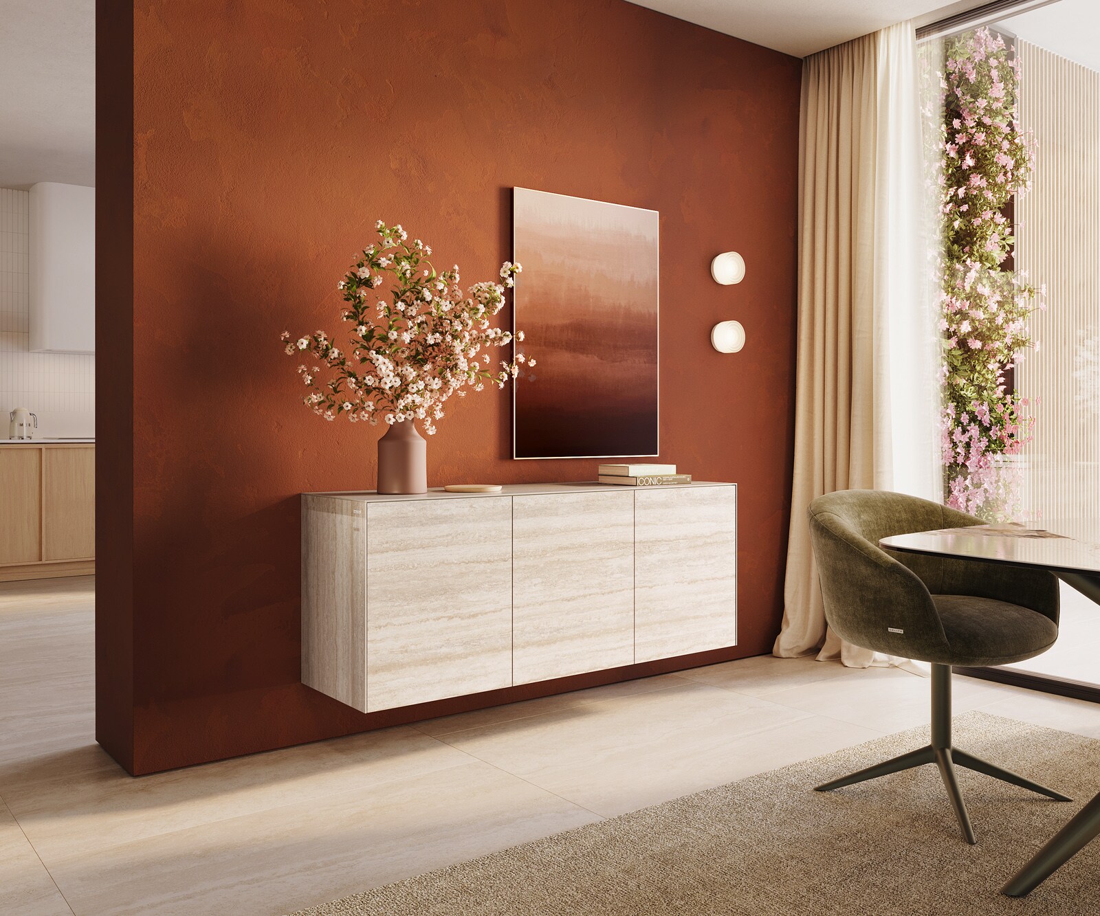 Buffet Cuor 150 cm Céramique Laminam® Travertino Bianco Crème-blanc 3 Portes Flottant 1