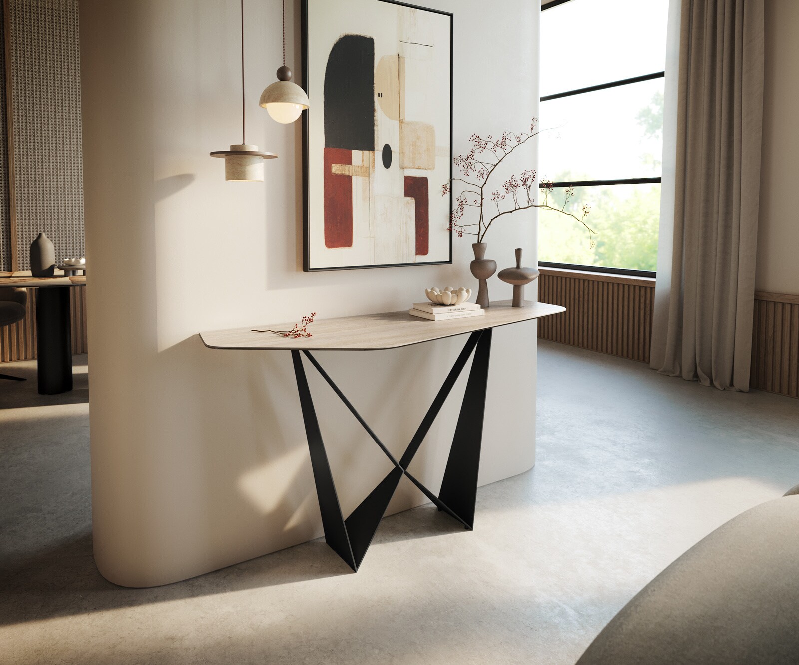 Console Edge Polygonal 140x50 cm Céramique Laminam® Travertino Bianco Creme-Weiß Spios Métal Noir